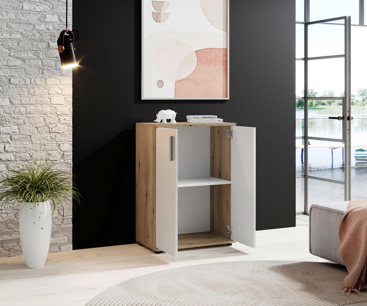 Kommode Basel 60/84/35 cm  in Weiss, Eichefarben  - Weiss/Eichefarben, Design, Holzwerkstoff/Kunststoff (60/84/35cm) - MID.YOU