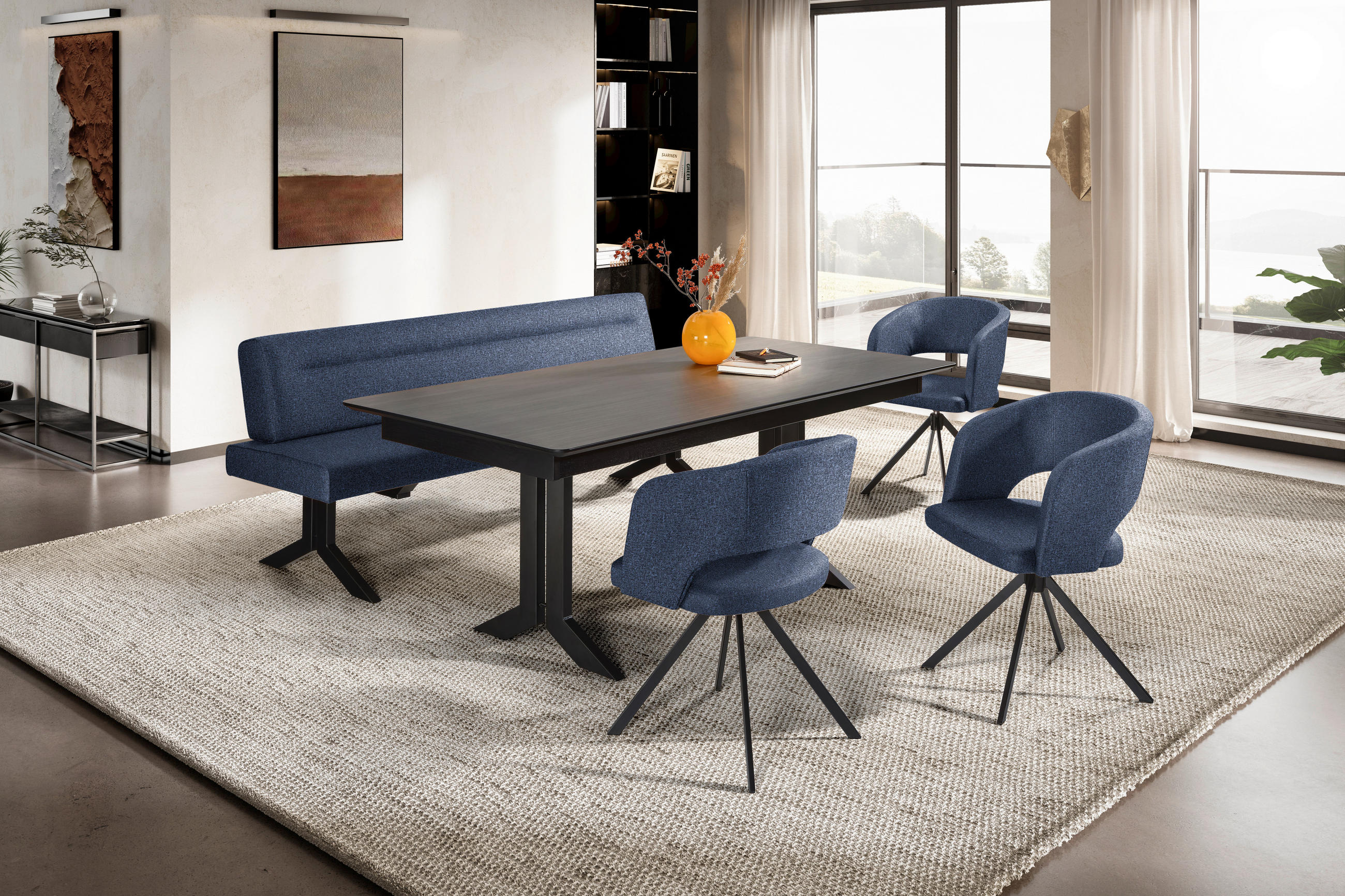 SITZBANK 220/87/70 cm Samt Dunkelblau Metall  - Schwarz/Dunkelblau, KONVENTIONELL, Textil/Metall (220/87/70cm) - Moderano