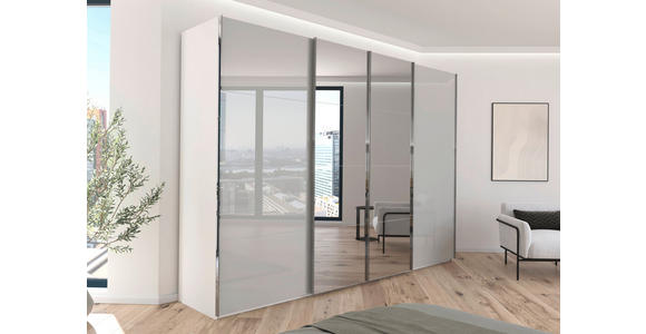 SCHWEBETÜRENSCHRANK  in Weiß, Seidengrau  - Chromfarben/Seidengrau, Design, Glas/Holzwerkstoff (316/223/68cm) - Novel