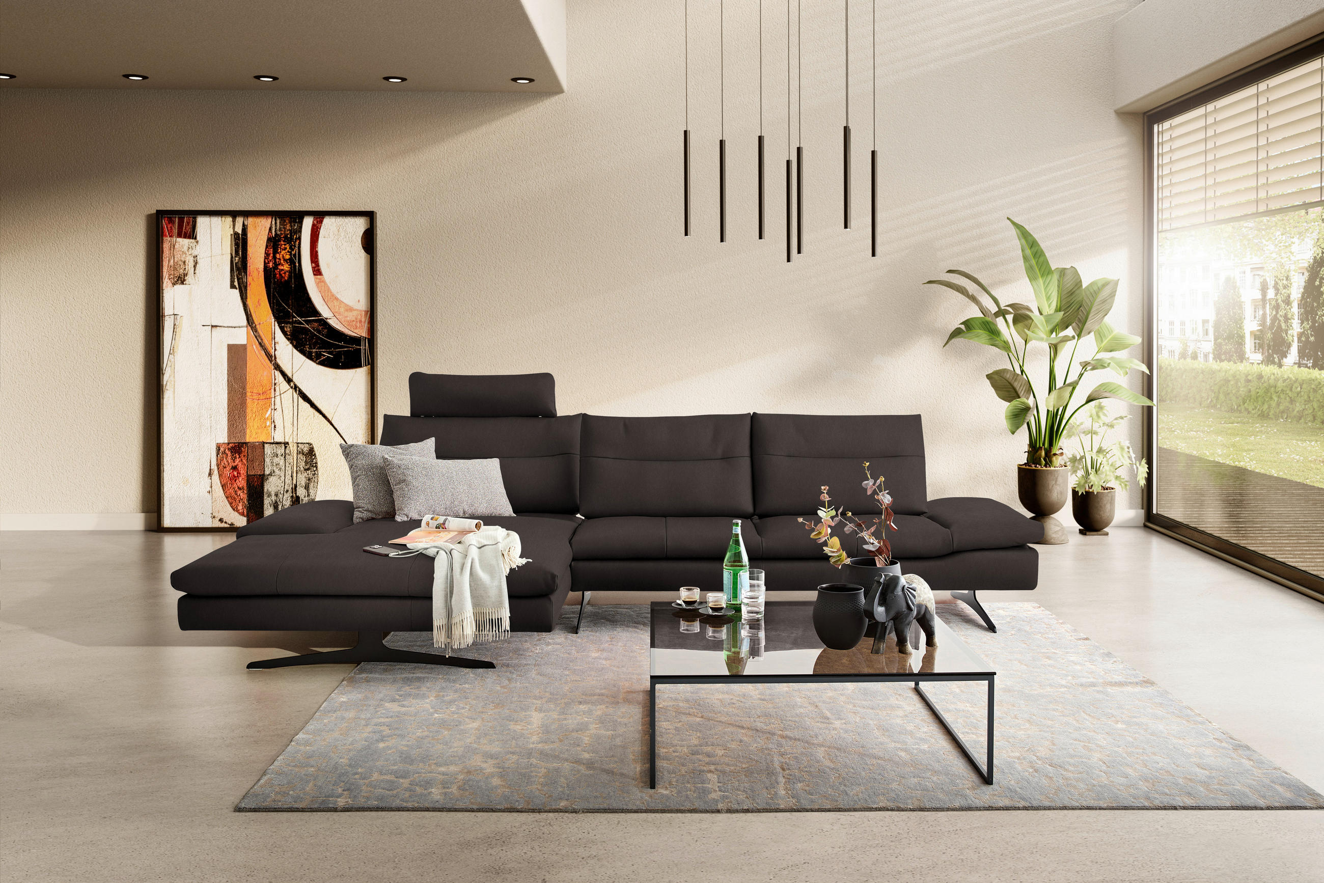 ECKSOFA in Echtleder Dunkelbraun  - Dunkelbraun/Schwarz, Modern, Leder/Metall (158/342cm) - Chilliano