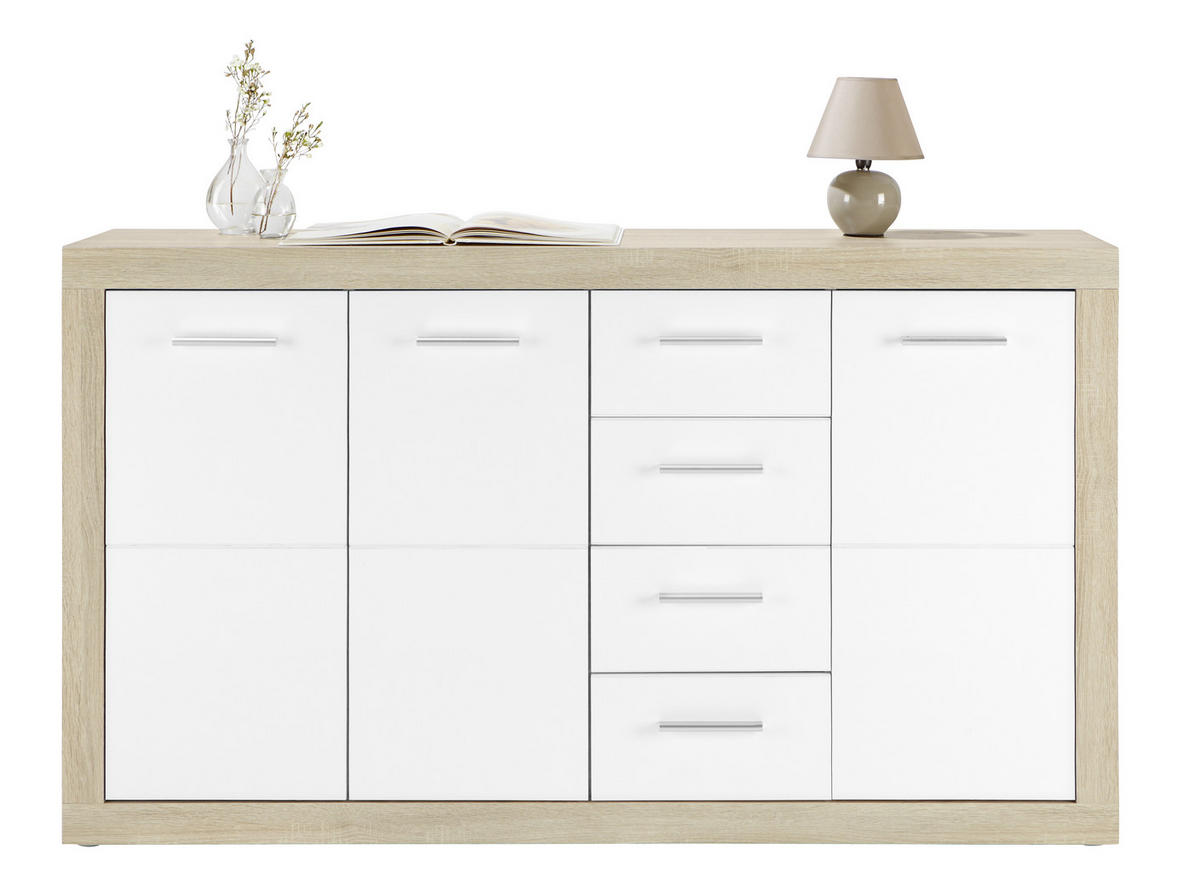 KOMODA, bílá, Sonoma dub, 152/88/37 cm - bílá/barvy stříbra, Design, dřevo/kompozitní dřevo (152/88/37cm) - Xora