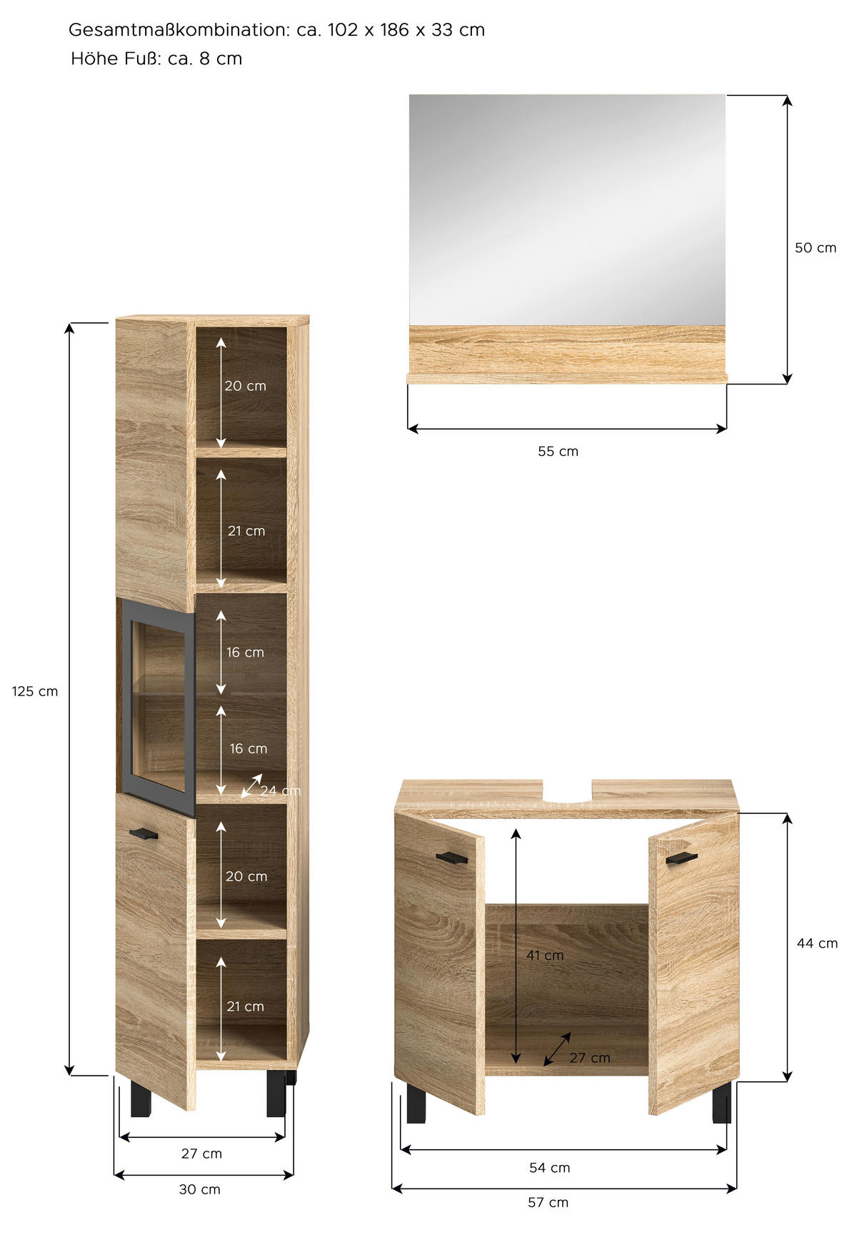 BADEZIMMER 3-teilig  in 87 cm  - Schwarz/Sonoma Eiche, MODERN, Glas/Holzwerkstoff (87cm) - MID.YOU