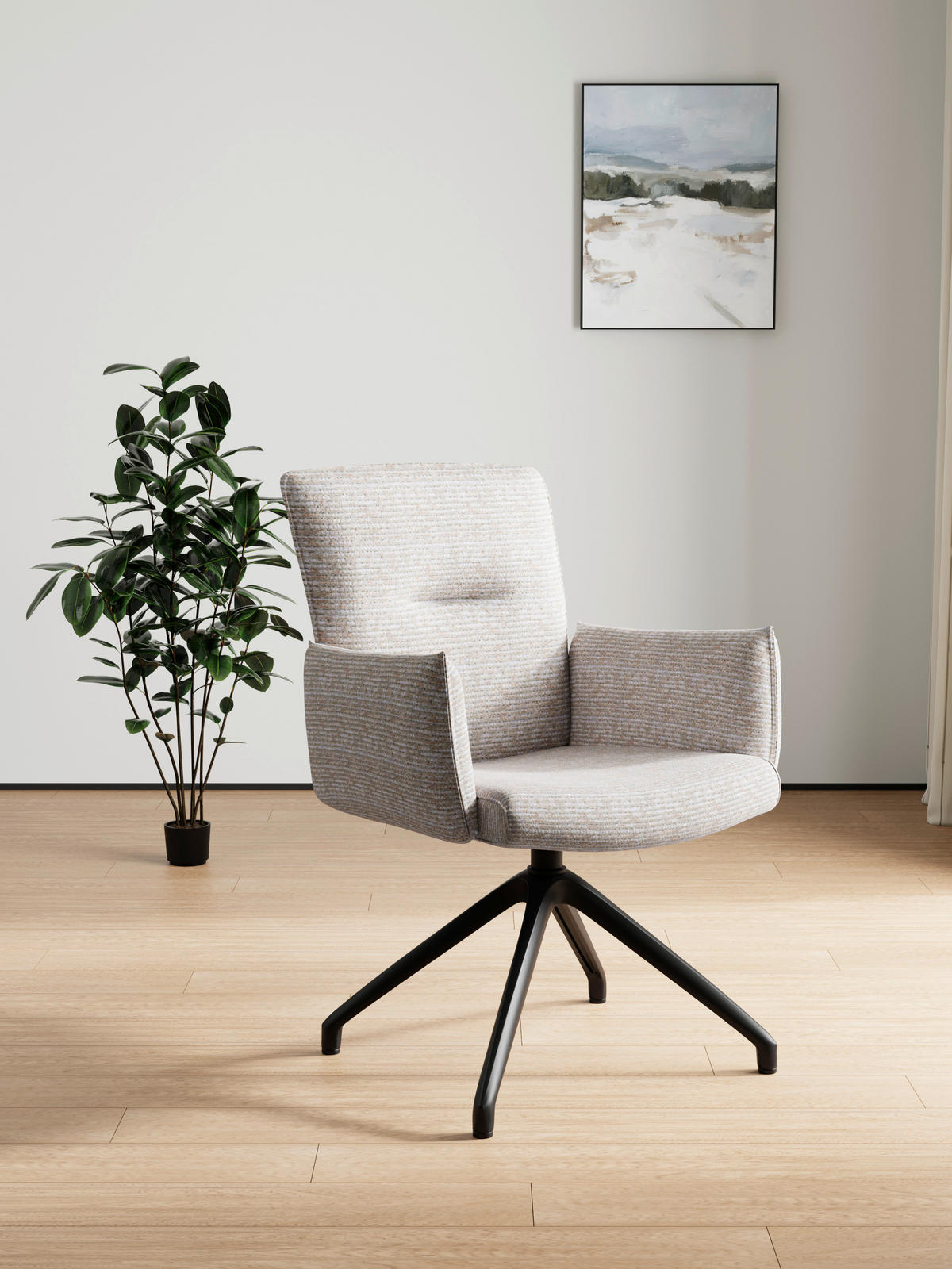 ARMLEHNSTUHL  Sitzfläche 360° drehbar, inklusive Armlehnen, automatische Rückholfunktion Webstoff  - Beige/Schwarz, Design, Textil/Metall (65/91/65cm) - Novel