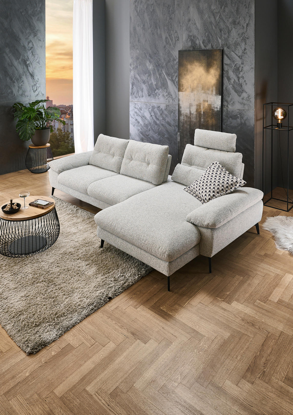 ECKSOFA Hellgrau Flachgewebe  - Hellgrau/Schwarz, Design, Textil/Metall (303/168cm) - Valdera