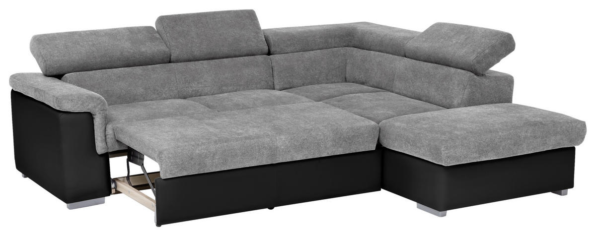 ECKSOFA Grau, Schwarz Lederlook, Flachgewebe  - Schwarz/Grau, Basics, Holz/Textil (252/217cm) - MID.YOU