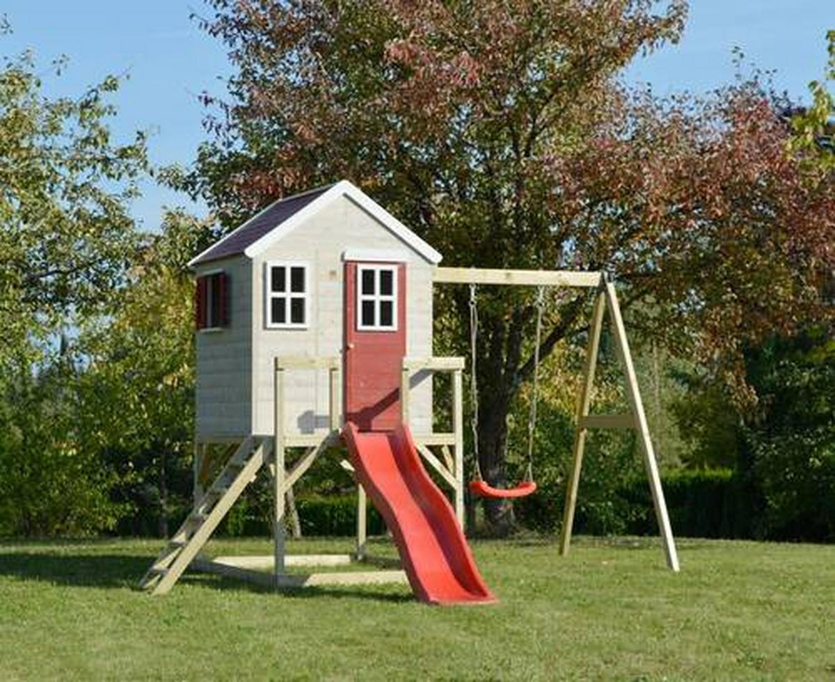 SPIELHAUS 350/242/290 cm  - Rot/Naturfarben, KONVENTIONELL, Holz (350/242/290cm) - Ambia Garden