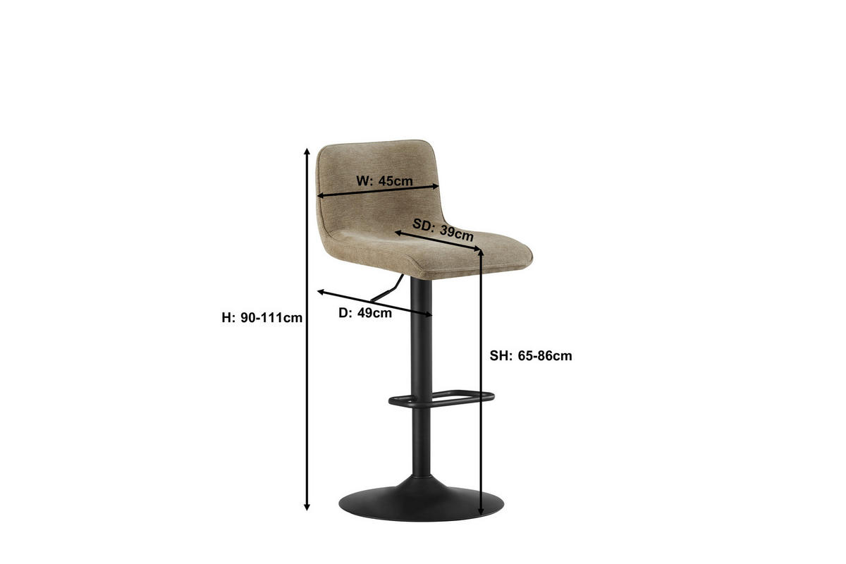 BARHOCKER Webstoff Schwarz, Taupe Eisen Stoffauswahl, Sitzfläche 360° drehbar  - Taupe/Schwarz, Design, Textil/Metall (45/88-109,5/50cm) - home24