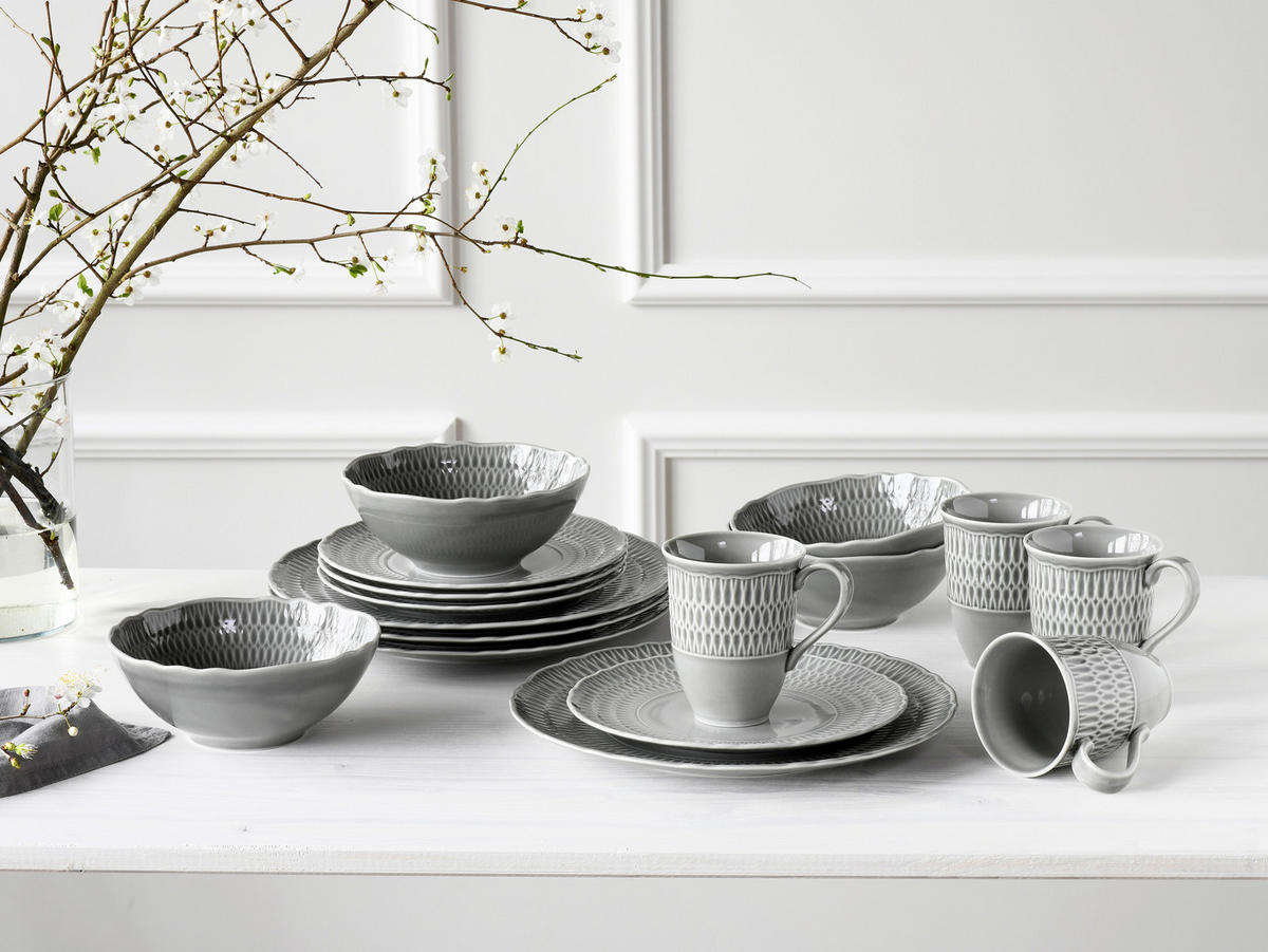KOMBINOVANÝ SERVIS, 16-dielne, porcelán - svetlosivá, Design, keramika - Creatable
