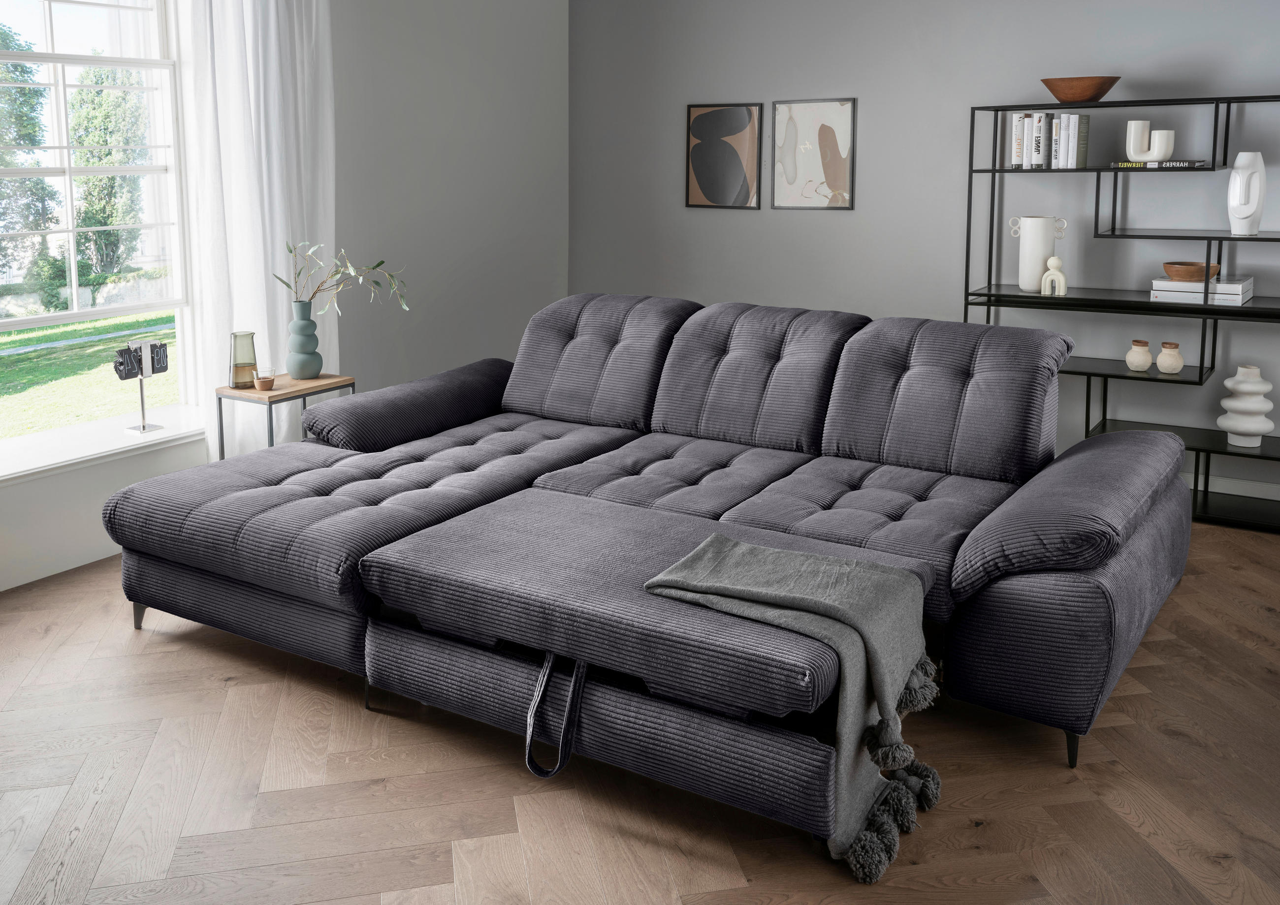 ECKSCHLAFSOFA in Cord Grau  - Schwarz/Grau, Modern, Textil/Metall (189/273cm) - Livetastic