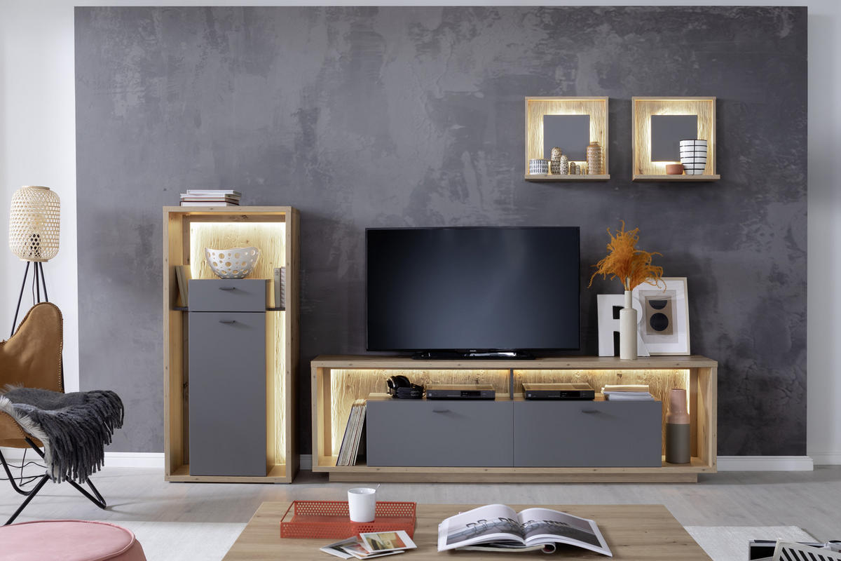 WOHNWAND  in Grau, Eichefarben  286/200/40 cm  - Eichefarben/Grau, Design, Holzwerkstoff/Metall (286/200/40cm) - MID.YOU