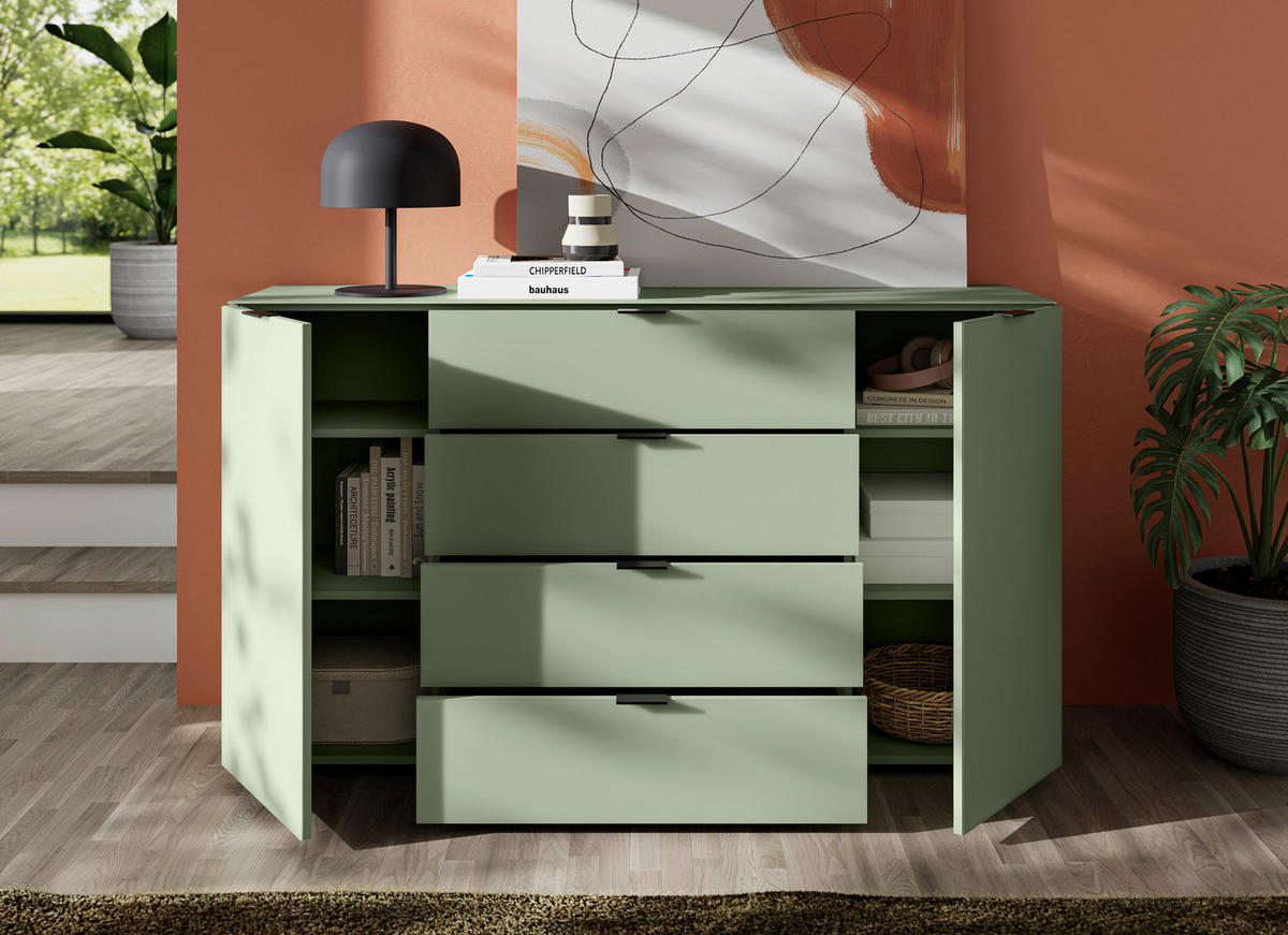 SIDEBOARD  160/94/40 cm 4 Schublade(n)  - Salbeigrün/Schwarz, Basics, Glas/Holzwerkstoff (160/94/40cm) - Novel