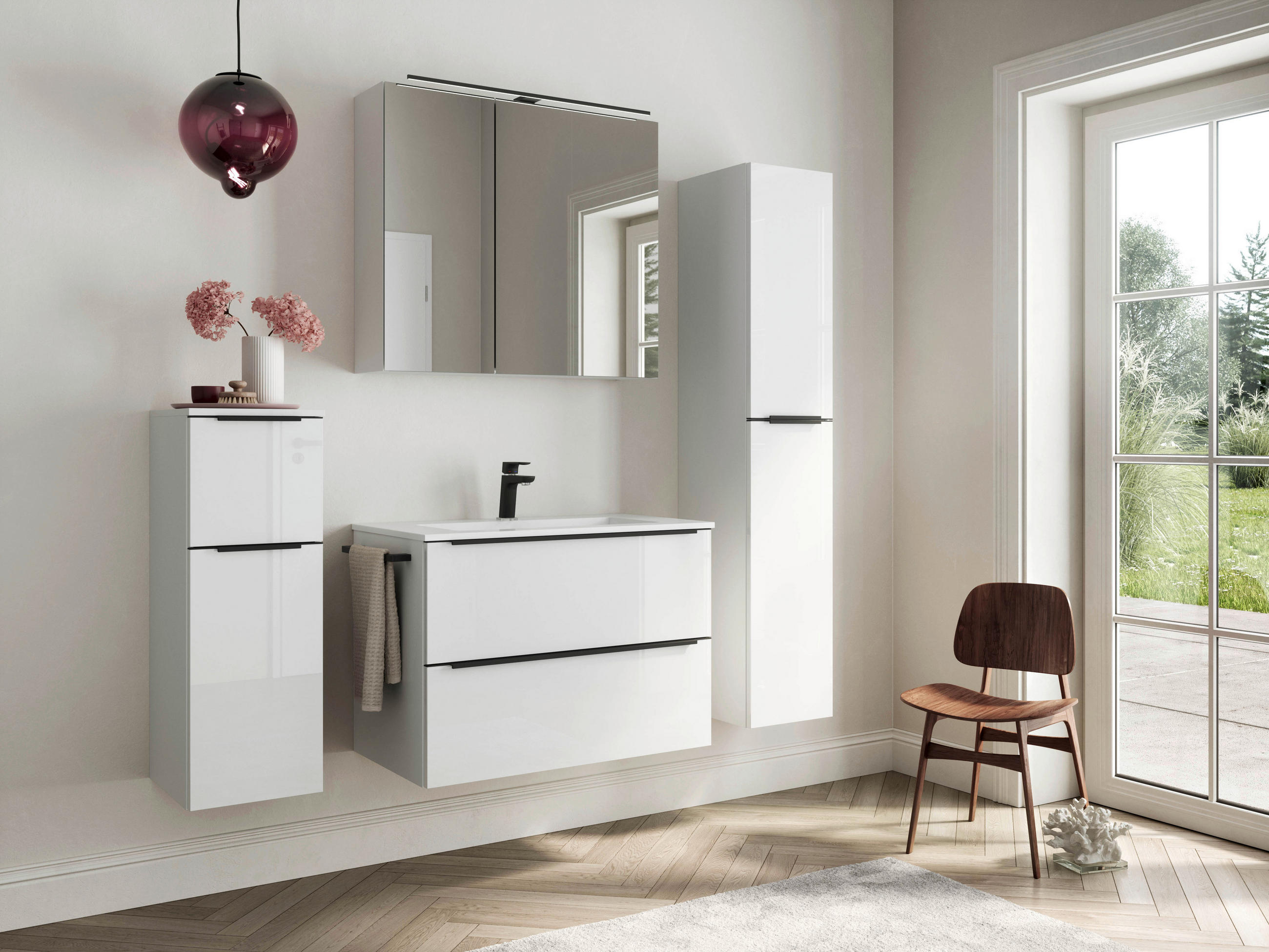 BADEZIMMER 5-teilig  in 141 cm  - Weiß Hochglanz/Schwarz, MODERN, Holzwerkstoff/Stein (141cm) - Nobilia