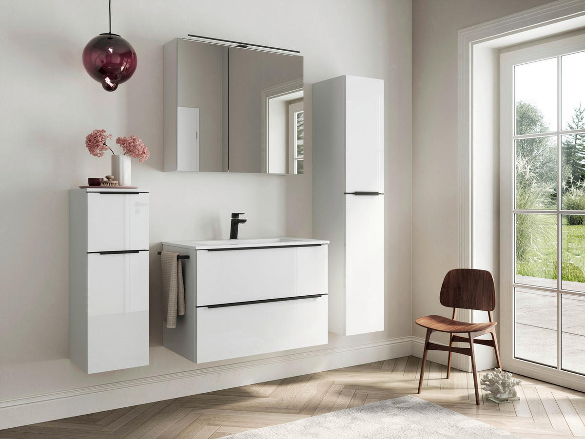 BADEZIMMER 5-teilig  in 141 cm  - Weiß Hochglanz/Schwarz, MODERN, Holzwerkstoff/Stein (141cm) - Nobilia