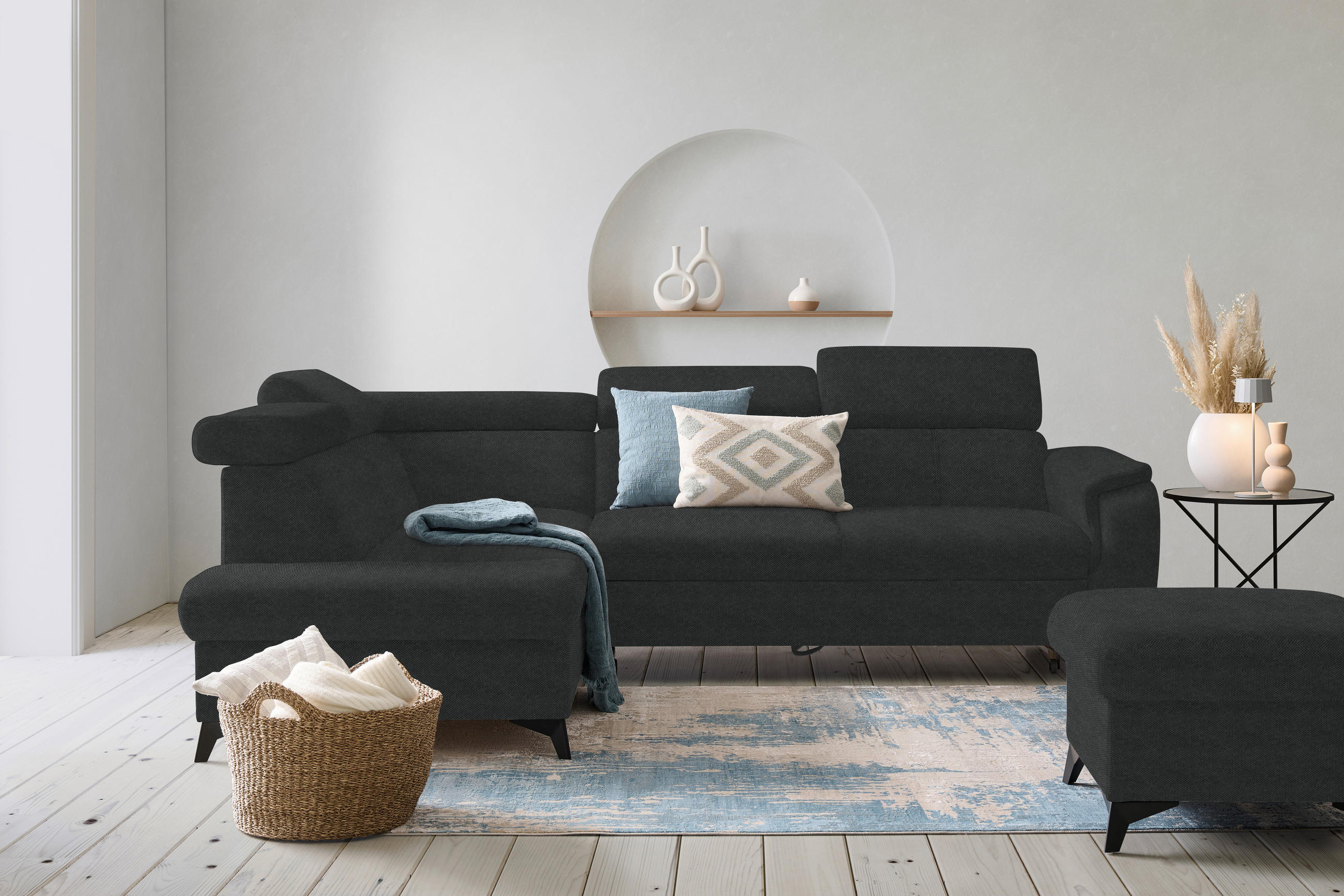 ECKSOFA in Webstoff Anthrazit  - Anthrazit/Schwarz, Design, Textil/Metall (203/260cm) - Stylife