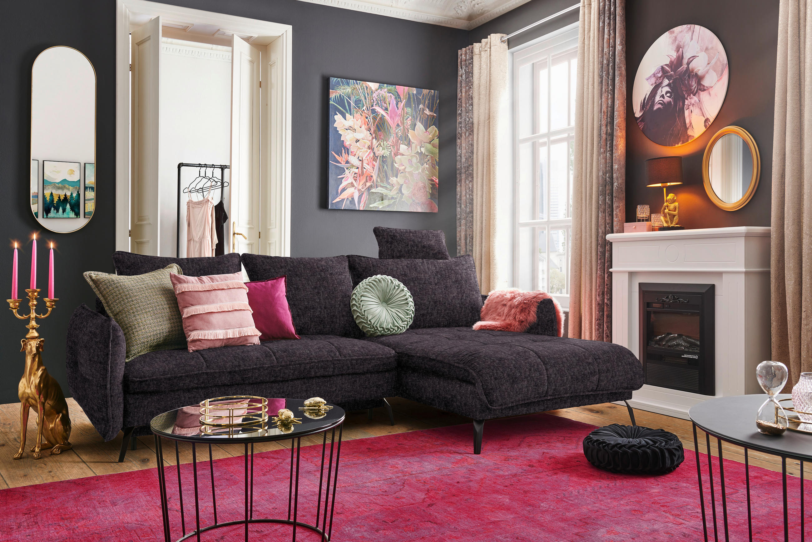 ECKSOFA in Flachgewebe Anthrazit - Anthrazit/Schwarz, Design, Textil/Metall (273/180cm) - Hom`in