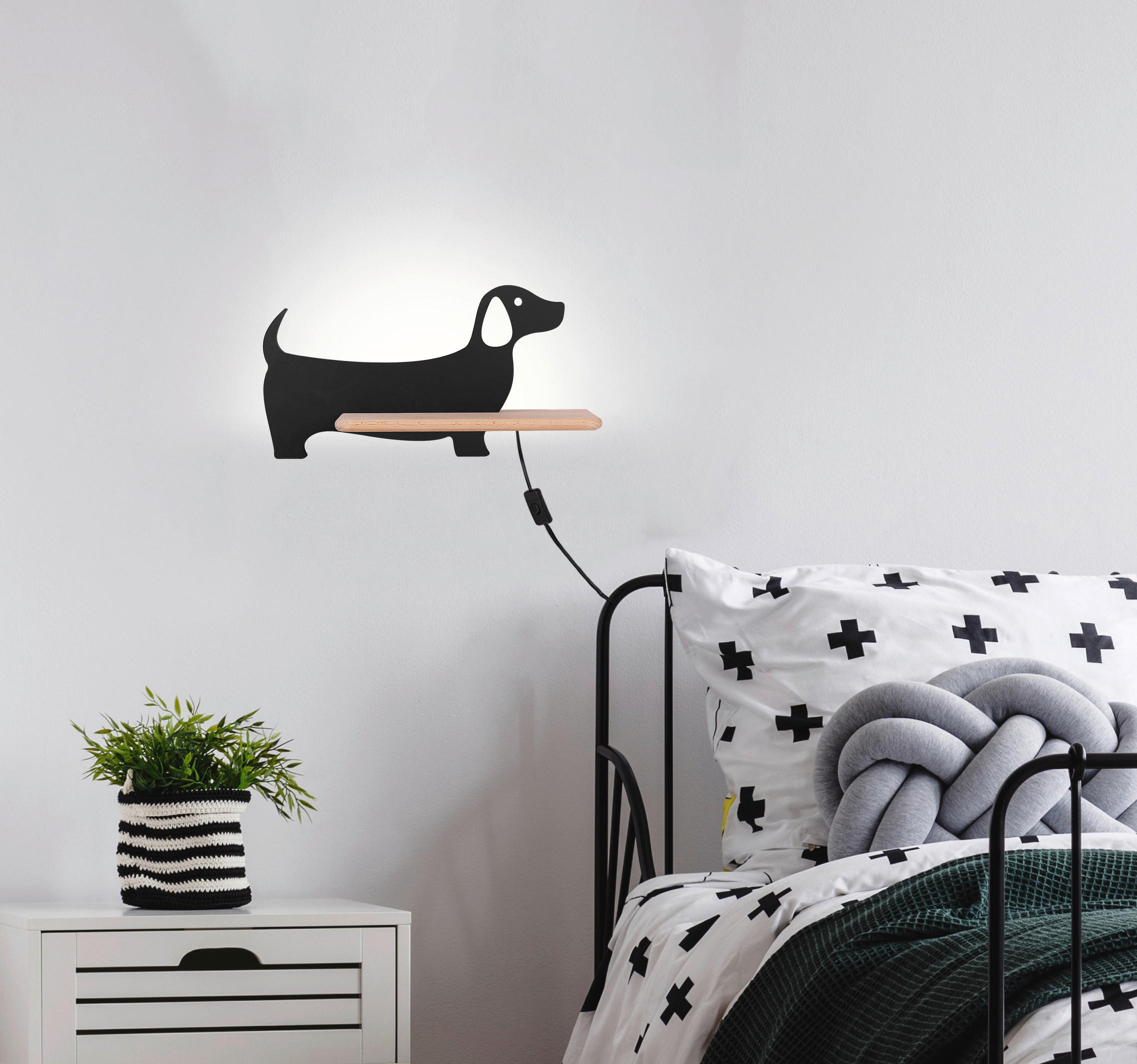 VÄGGLAMPA FÖR BARN Dog 36.5/12/18.5 cm   - svart, Klassisk, metall/trämaterial (36.5/12/18.5cm)