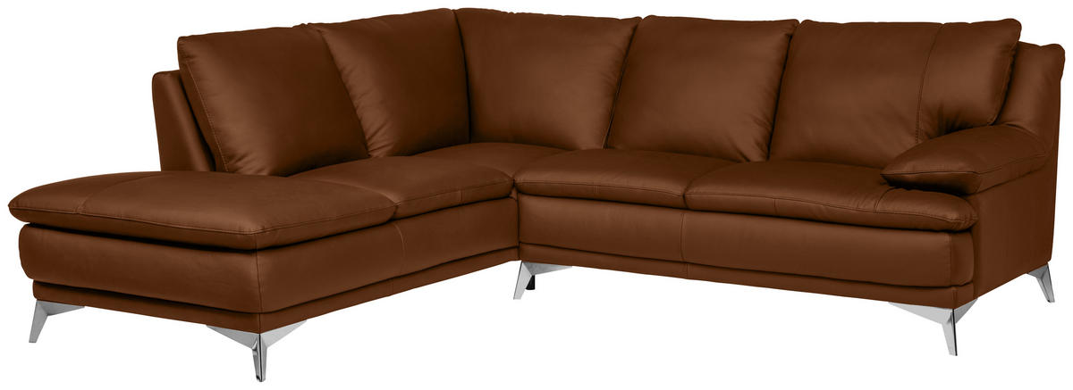 ECKSOFA Cognac Echtleder  - Chromfarben/Cognac, Design, Leder/Metall (224/252cm) - Novel