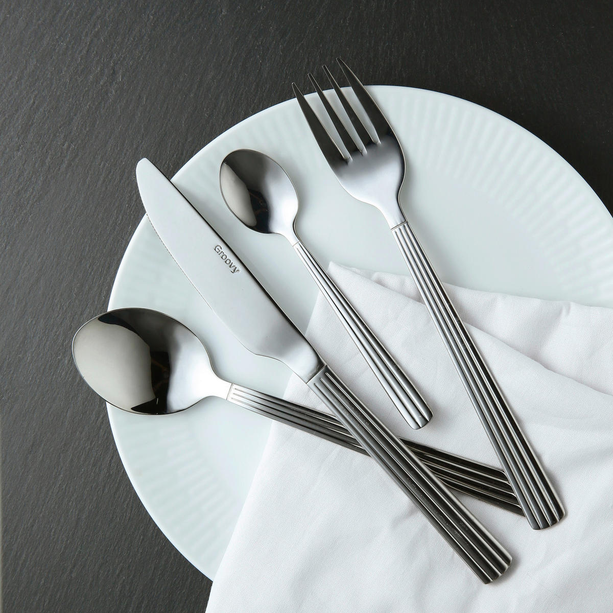 BESTECK-SET Groovy 48-teilig Edelstahl  12 Personen  - Edelstahlfarben, Basics, Metall (28/26/8cm) - Aida
