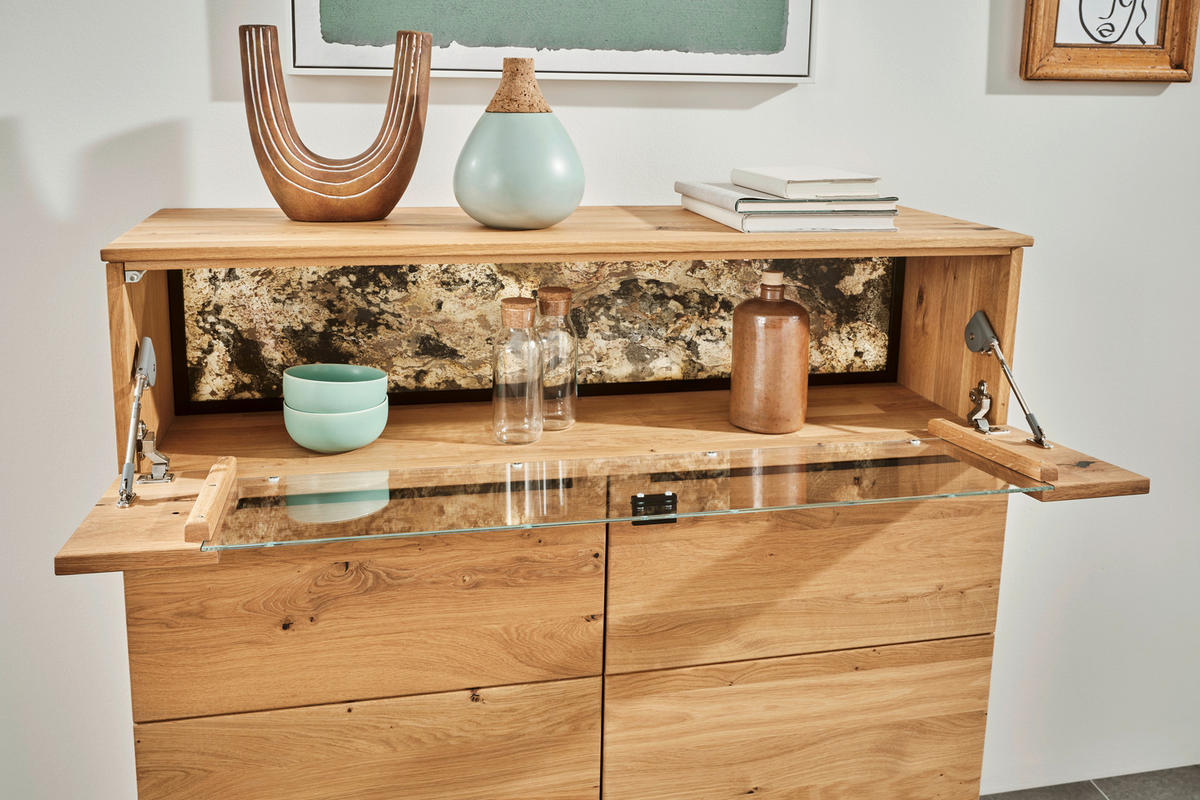 HIGHBOARD Eichefarben  120/119,3/39,5 cm  - Eichefarben/Schwarz, Natur, Glas/Holz (120/119,3/39,5cm) - Valnatura