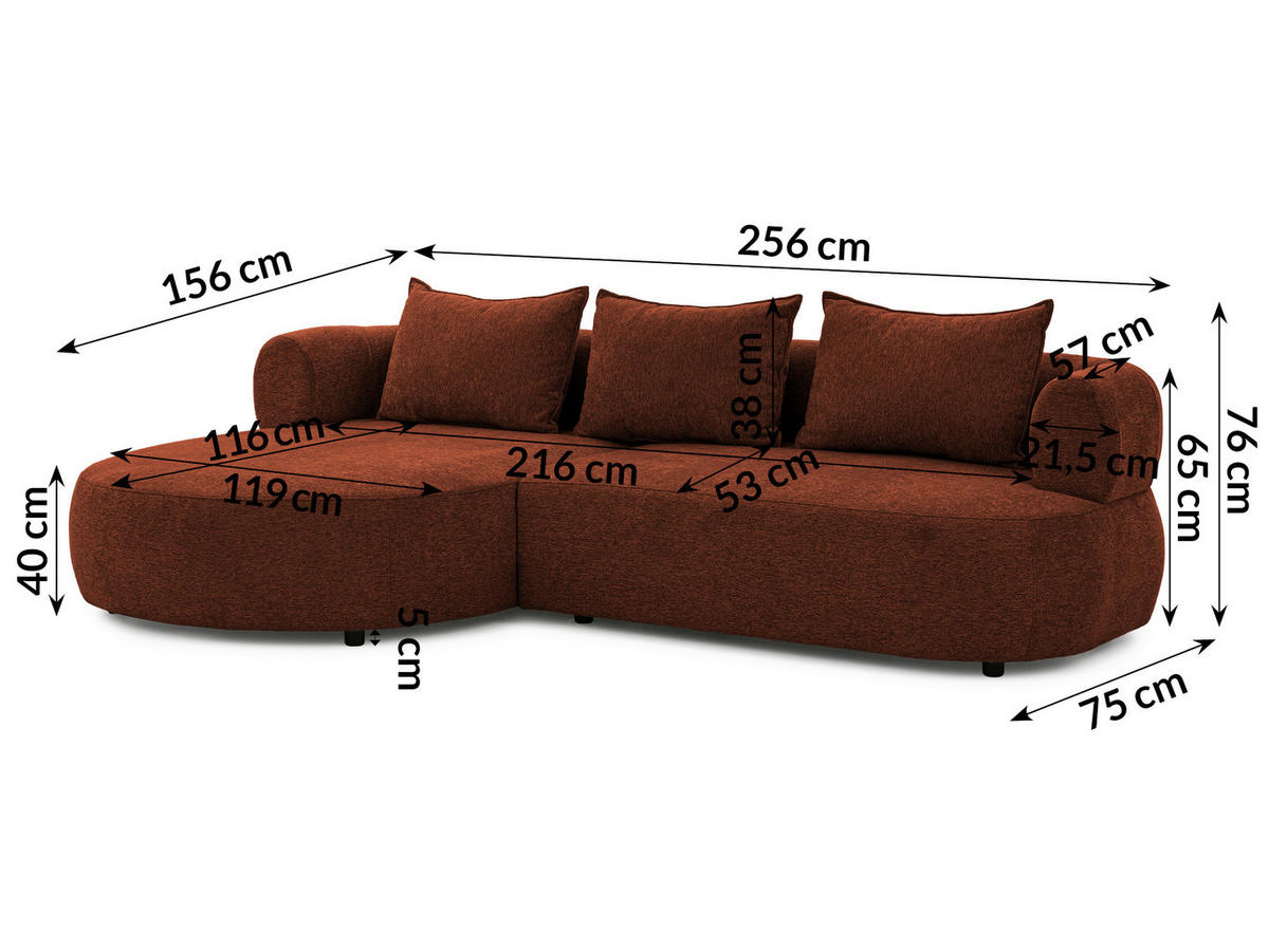 ECKSOFA FERRO Rostfarben Chenille  - Rostfarben/Schwarz, Design, Kunststoff/Textil (156/256cm) - Livetastic