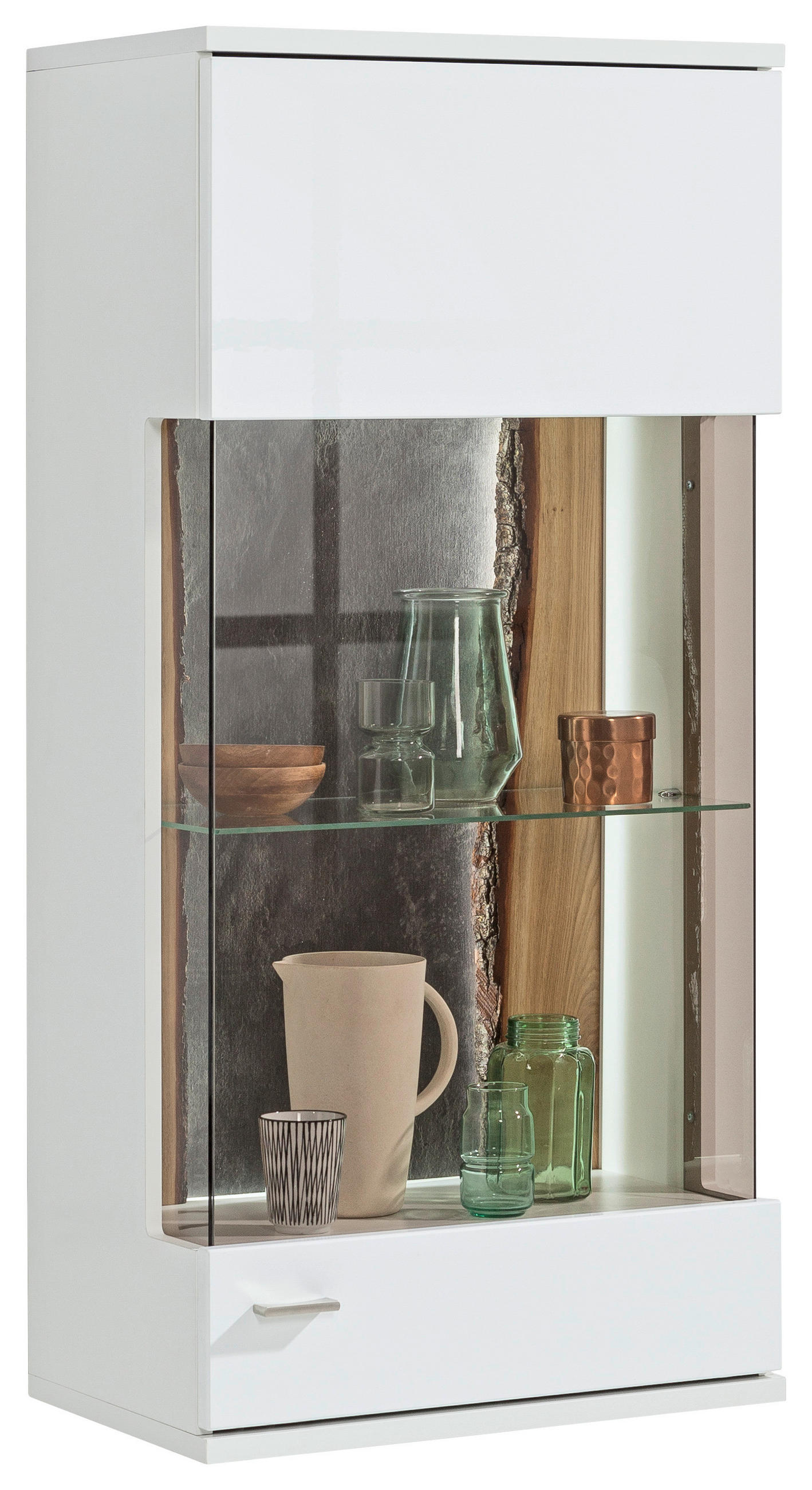 HÄNGEVITRINE in massiv Eiche Weiß, Eichefarben, Schieferfarben, Weiß Hochglanz  - Schieferfarben/Eichefarben, Design, Glas/Holz (60,1/126,4/37,2cm) - SetOne by Musterring