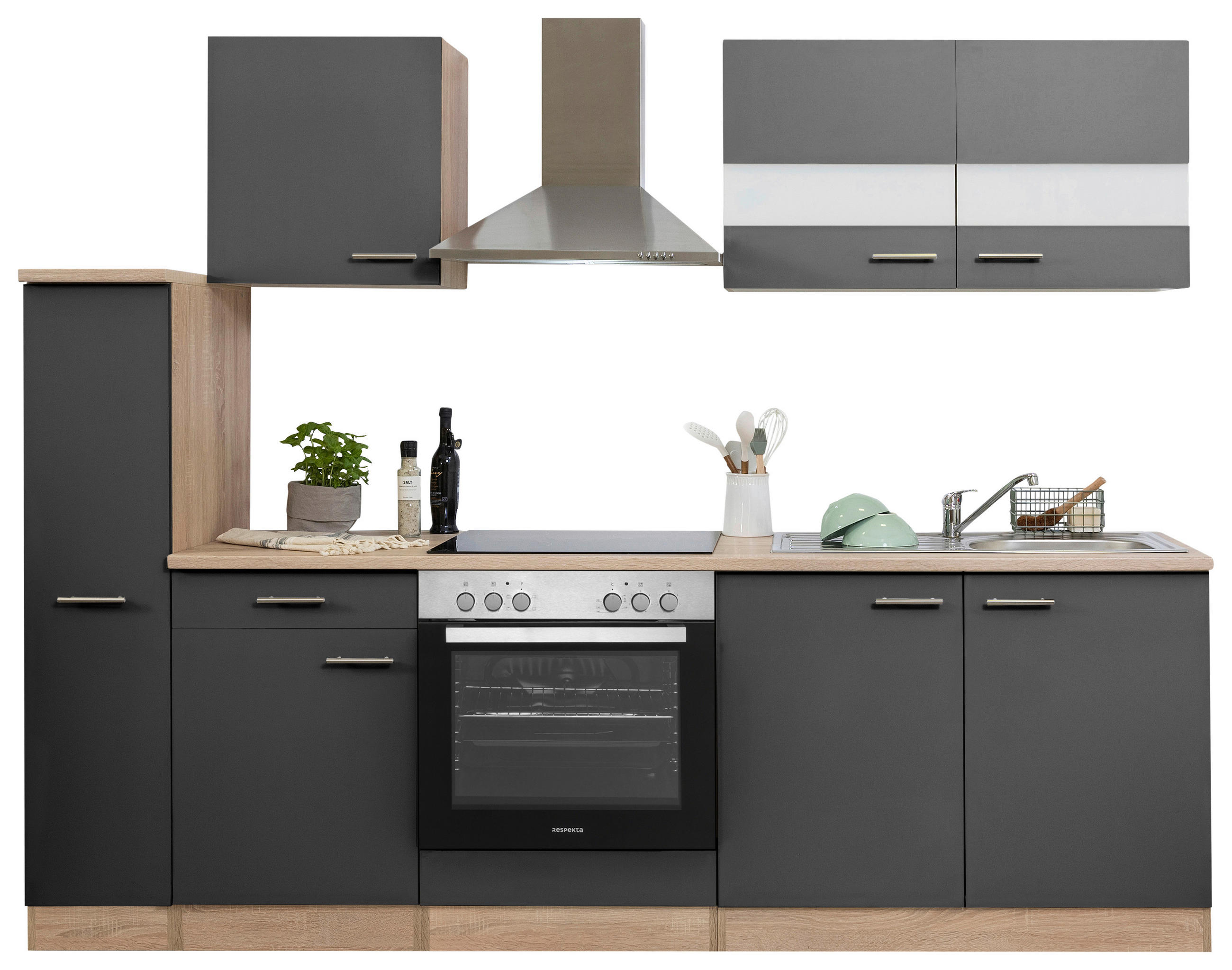 KÜCHENBLOCK 240 cm in Grau - Edelstahlfarben/Eichefarben, Basics, Holzwerkstoff/Metall (240cm) - Respekta