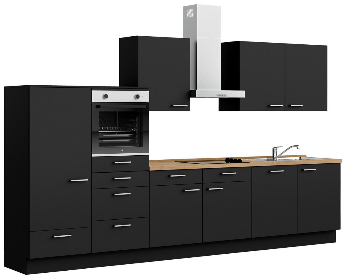 KÜCHENBLOCK Touch 360 cm  in Schwarz, Eichefarben  - Edelstahlfarben/Eichefarben, MODERN, Holzwerkstoff/Metall (360cm) - Nobilia