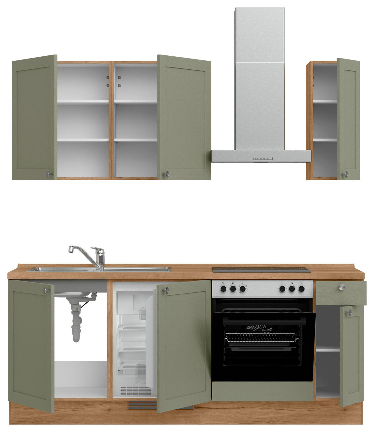KÜCHENBLOCK Frame 210 cm  in Eichefarben, Olivgrün  - Edelstahlfarben/Eichefarben, MODERN, Holzwerkstoff/Metall (210cm) - Nobilia