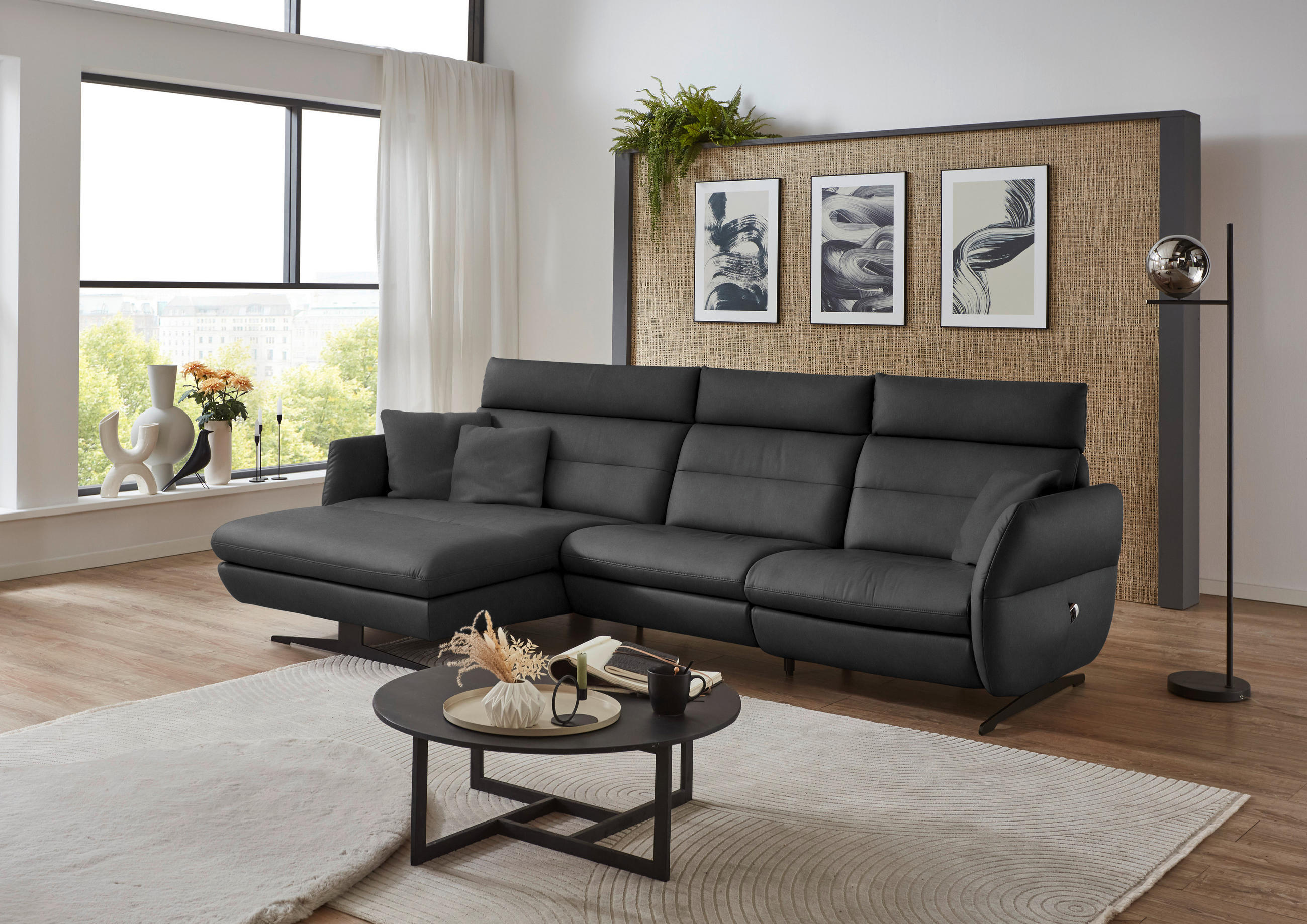 ECKSOFA in Echtleder Anthrazit  - Anthrazit/Schwarz, Design, Leder/Metall (169/298cm) - Dieter Knoll