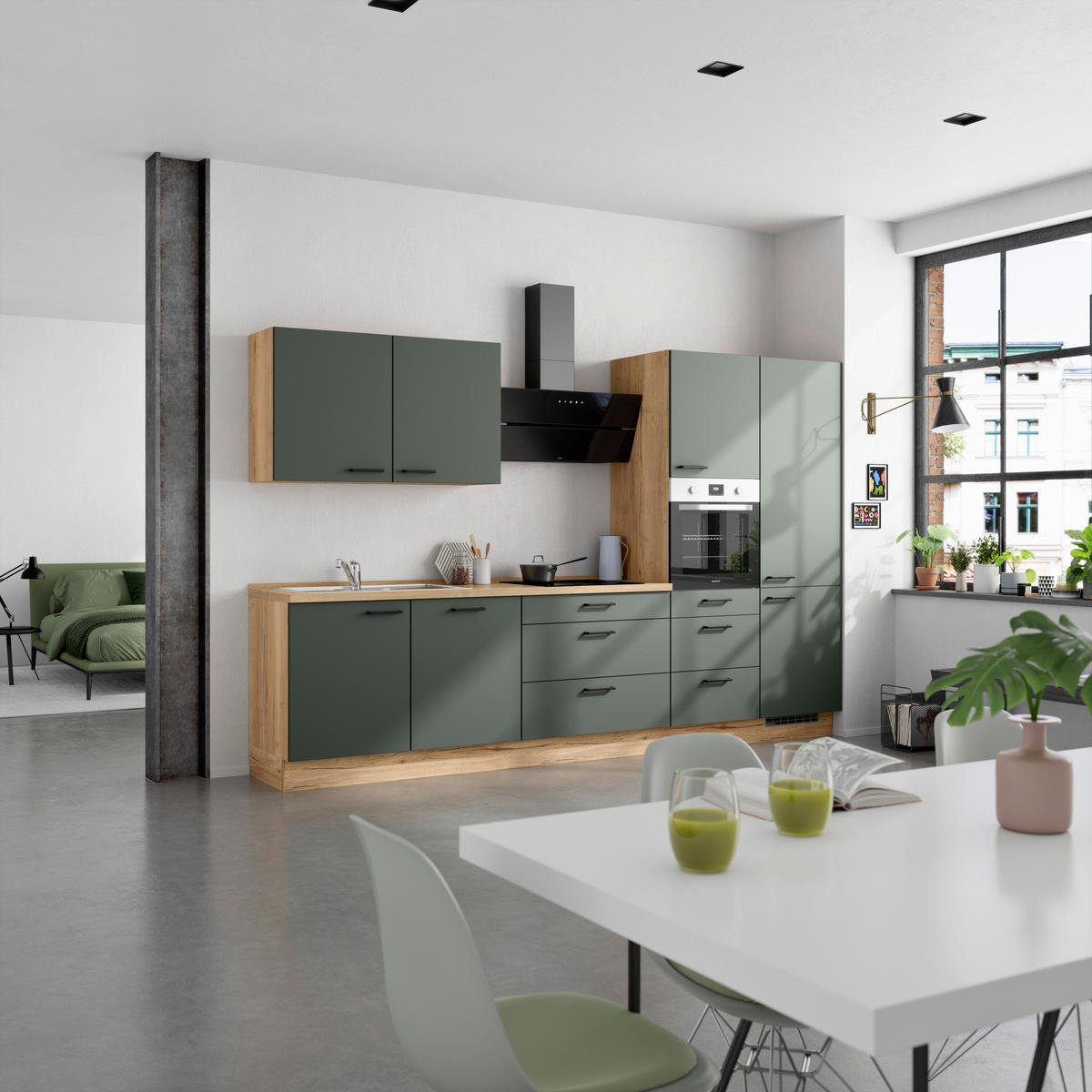 KÜCHENBLOCK Easytouch 330 cm  in Eichefarben, Dunkelgrün  - Dunkelgrün/Eichefarben, MODERN, Holzwerkstoff/Metall (330cm) - Nobilia