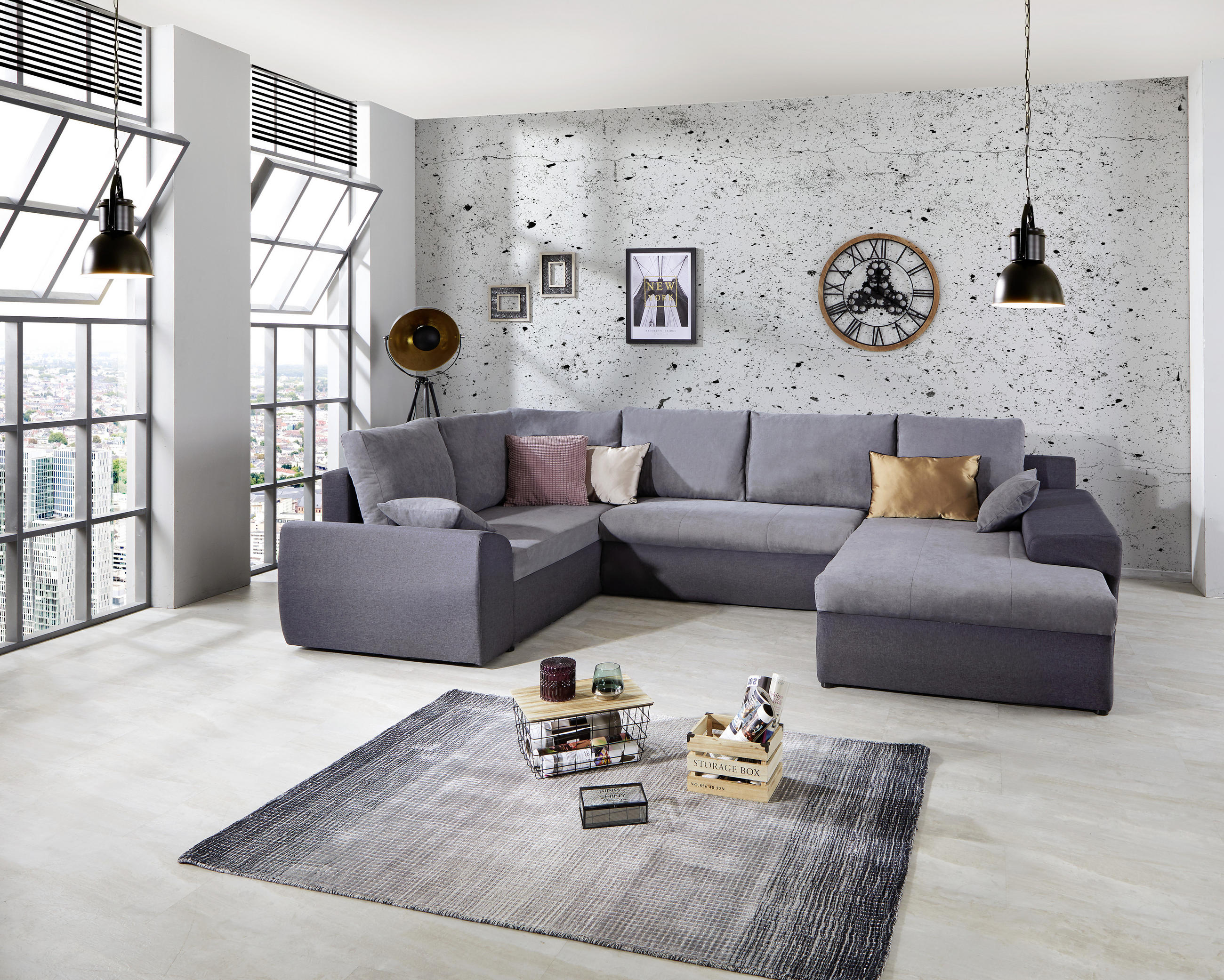 WOHNLANDSCHAFT Grau Struktur  - Dunkelgrau/Schwarz, Basics, Textil/Metall (180/325/200cm) - P & B