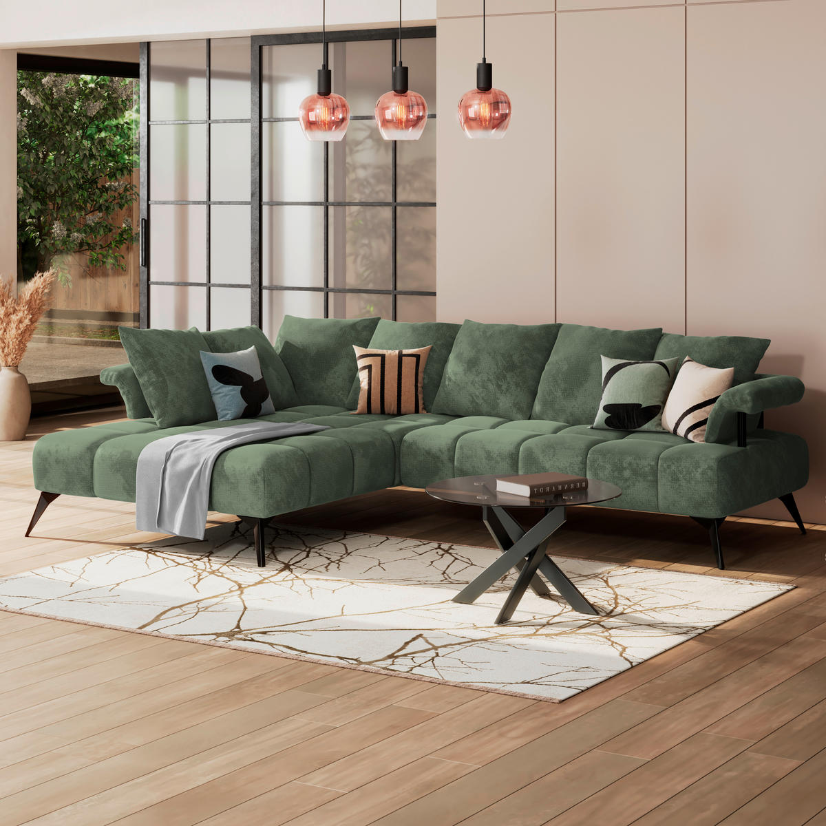 ECKSOFA in Flachgewebe Grün  - Schwarz/Grün, Modern, Kunststoff/Textil (200/297cm) - Livetastic