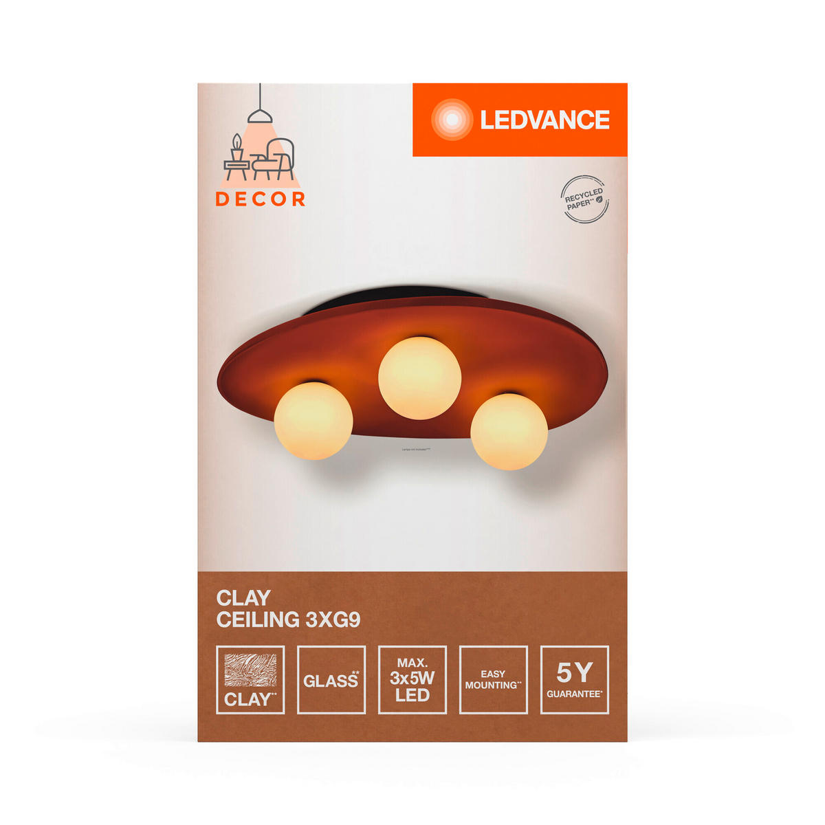 DECKENLEUCHTE    20/13,5/26 cm  - Braun, Natur, Glas/Stein (20/13,5/26cm) - Ledvance