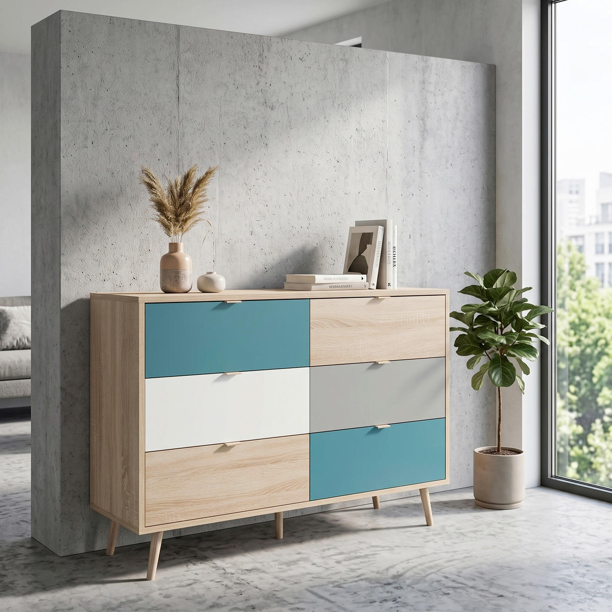 KOMMODE , 120/85/40 cm, 6 Schublade(n)  - Eichefarben/Petrol, Trend, Holzwerkstoff (120/85/40cm) - MID.YOU