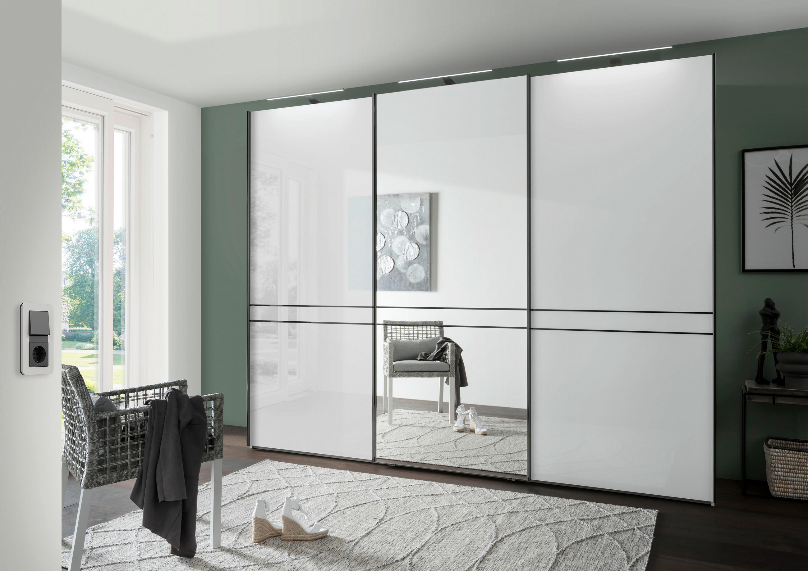 SCHWEBETÜRENSCHRANK 300/217/67 cm 3-türig Weiß  - Schieferfarben/Weiß, KONVENTIONELL, Glas/Holzwerkstoff (300/217/67cm) - Dieter Knoll