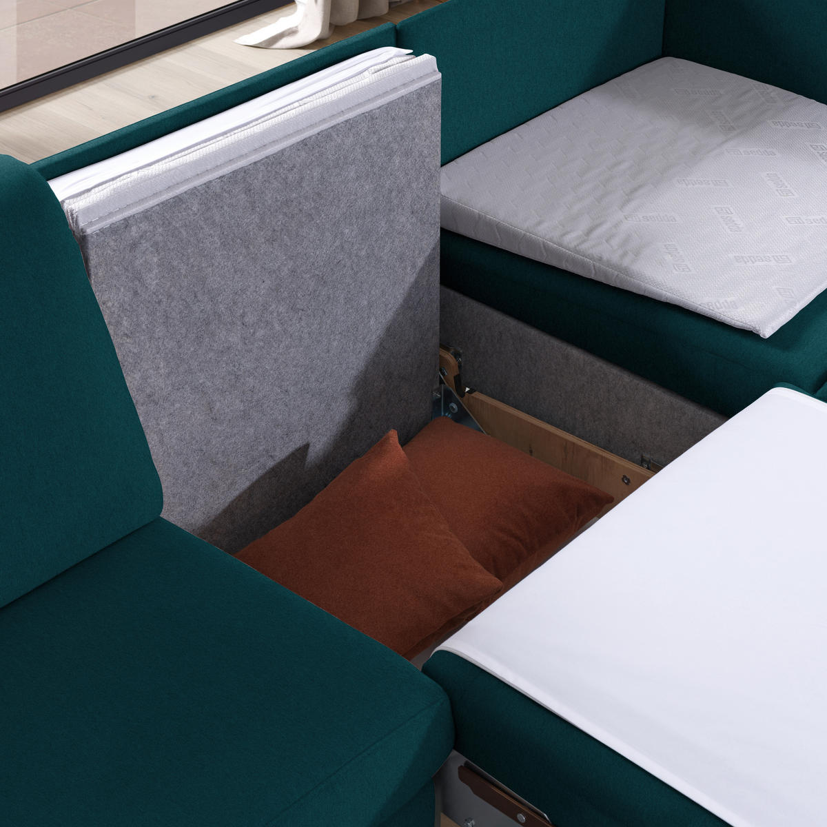 ECKSOFA in Flachgewebe Petrol  261/203 cm  - Eichefarben/Petrol, KONVENTIONELL, Holz/Textil (261/203cm) - Sedda