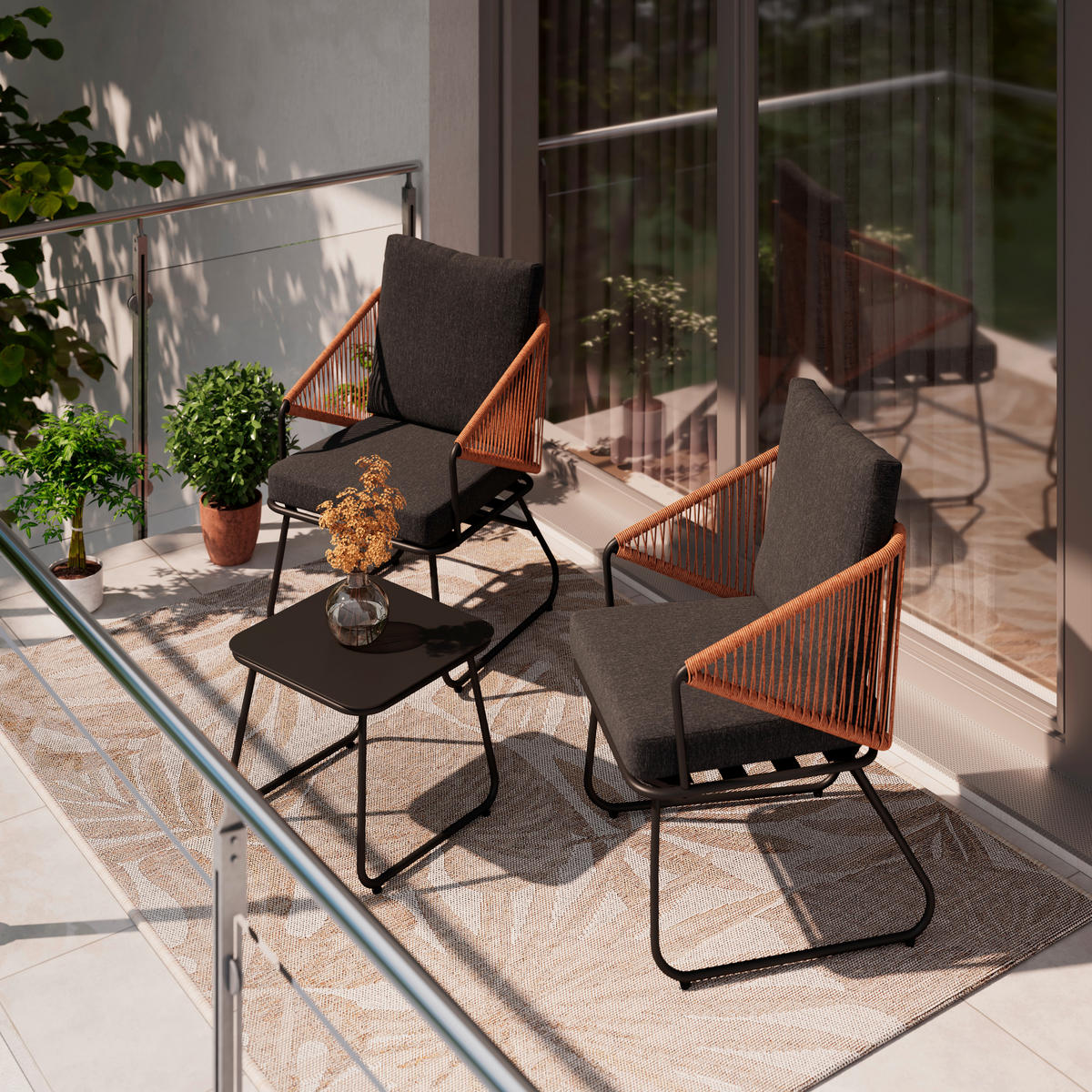 BALKONSET  - Schwarz/Naturfarben, MODERN, Glas/Kunststoff (53/77/66cm) - Ambia Garden