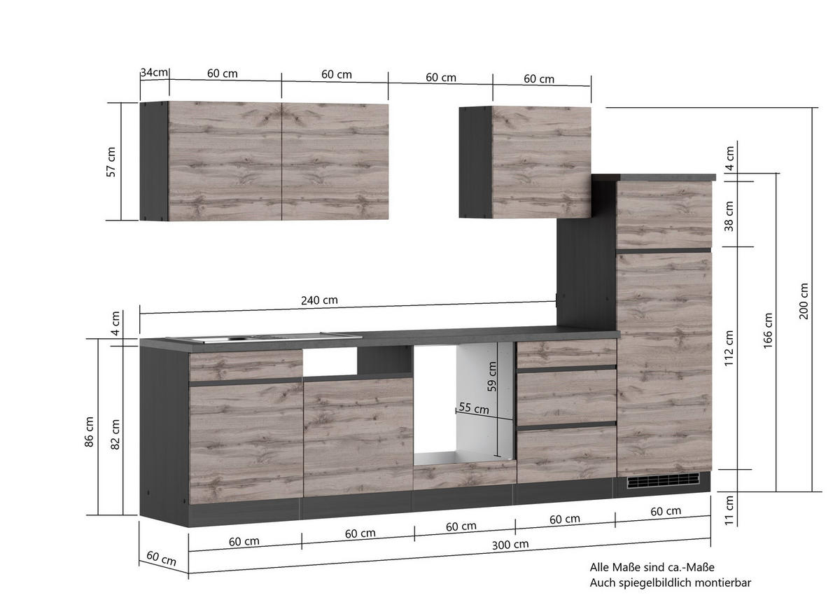 KÜCHENLEERBLOCK 300 cm   in Grau, Eiche Wotan  - Eiche Wotan/Grau, Design, Holzwerkstoff (300cm) - Held