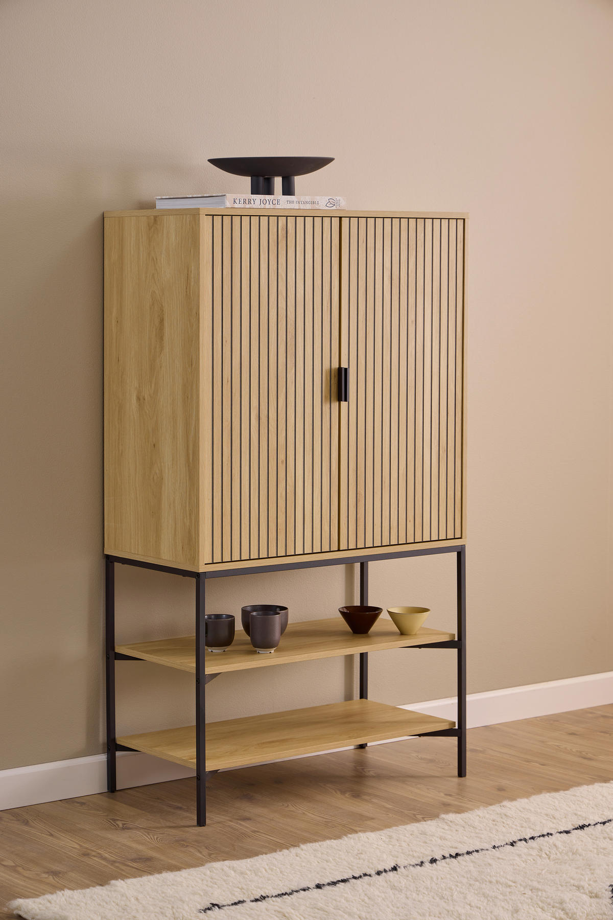 VISOKA KOMODA, črna, barve hrasta  - črna/barve hrasta, Design, kovina/leseni material (80/140/40cm) - Livetastic
