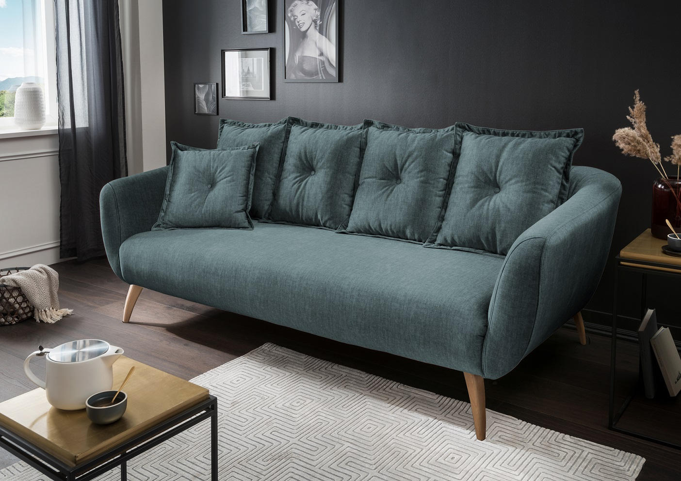 3-SITZER-SOFA Velours Blau  - Blau/Buchefarben, MODERN, Holz/Textil (236/94/103cm) - Livetastic