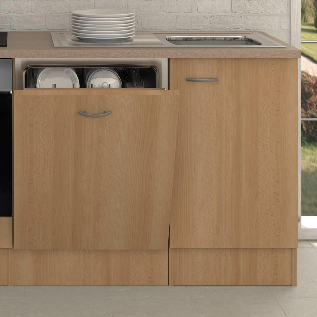 KÜCHENBLOCK 220 cm   in Buchefarben  - Edelstahlfarben/Beige, MODERN, Glas/Holzwerkstoff (220cm) - FlexWell