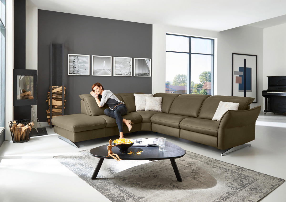 ECKSOFA in Echtleder Mokka  - Edelstahlfarben/Orange, Design, Leder/Metall (258/292cm) - Hukla
