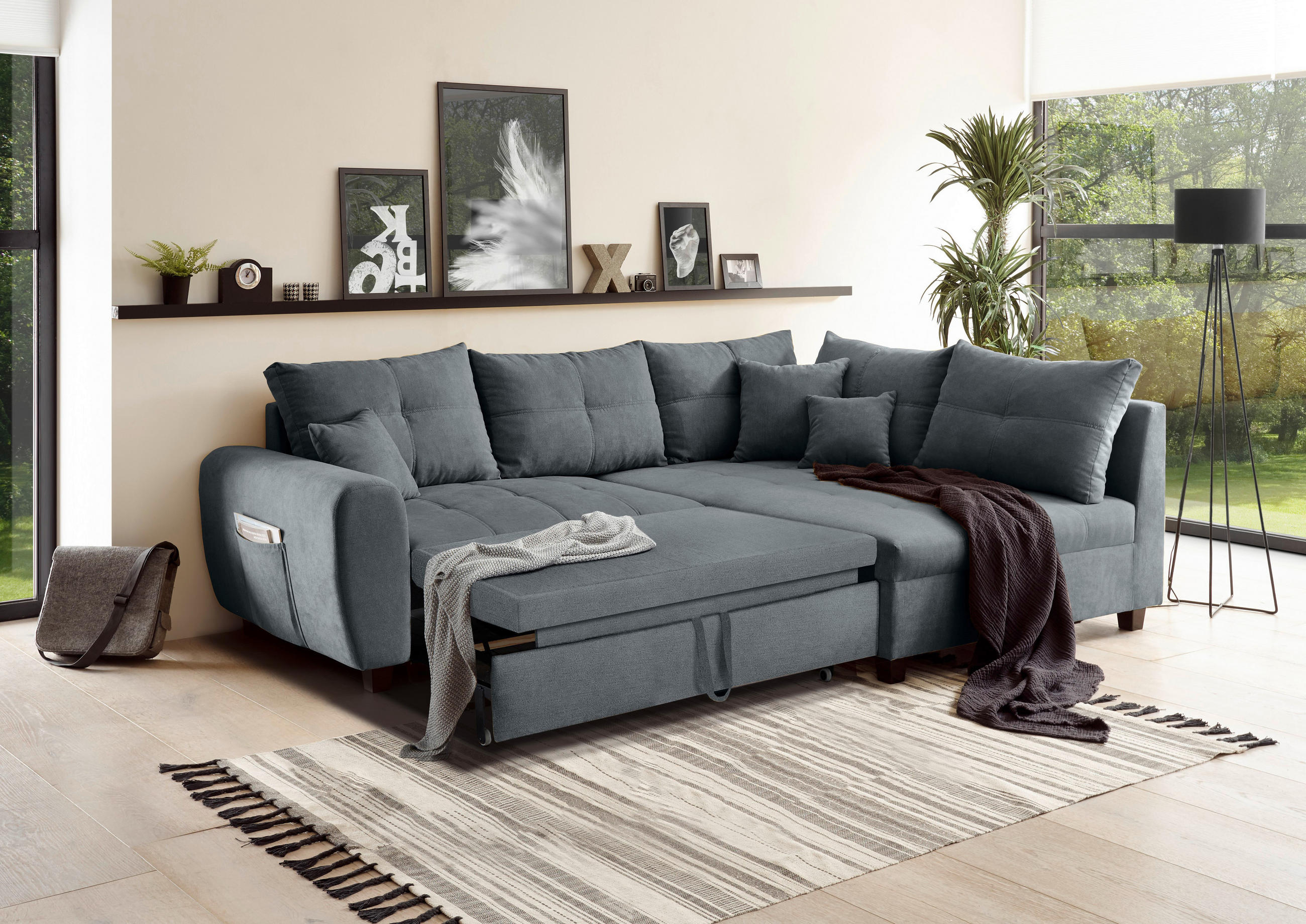 ECKSOFA Anthrazit Mikrovelours  - Anthrazit/Schwarz, Basics, Kunststoff/Textil (248/176cm) - MID.YOU