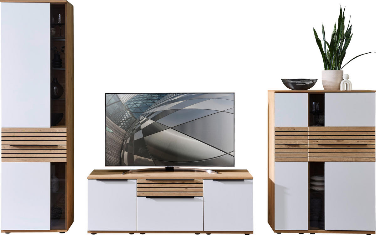 WOHNWAND  in Weiß, Eichefarben  330/215/45 cm  - Eichefarben/Schwarz, KONVENTIONELL, Glas/Holzwerkstoff (330/215/45cm) - Venda