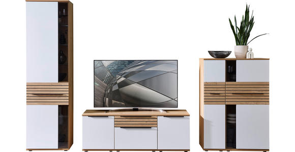 WOHNWAND  in Weiß, Eichefarben  330/215/45 cm  - Eichefarben/Schwarz, KONVENTIONELL, Glas/Holzwerkstoff (330/215/45cm) - Venda