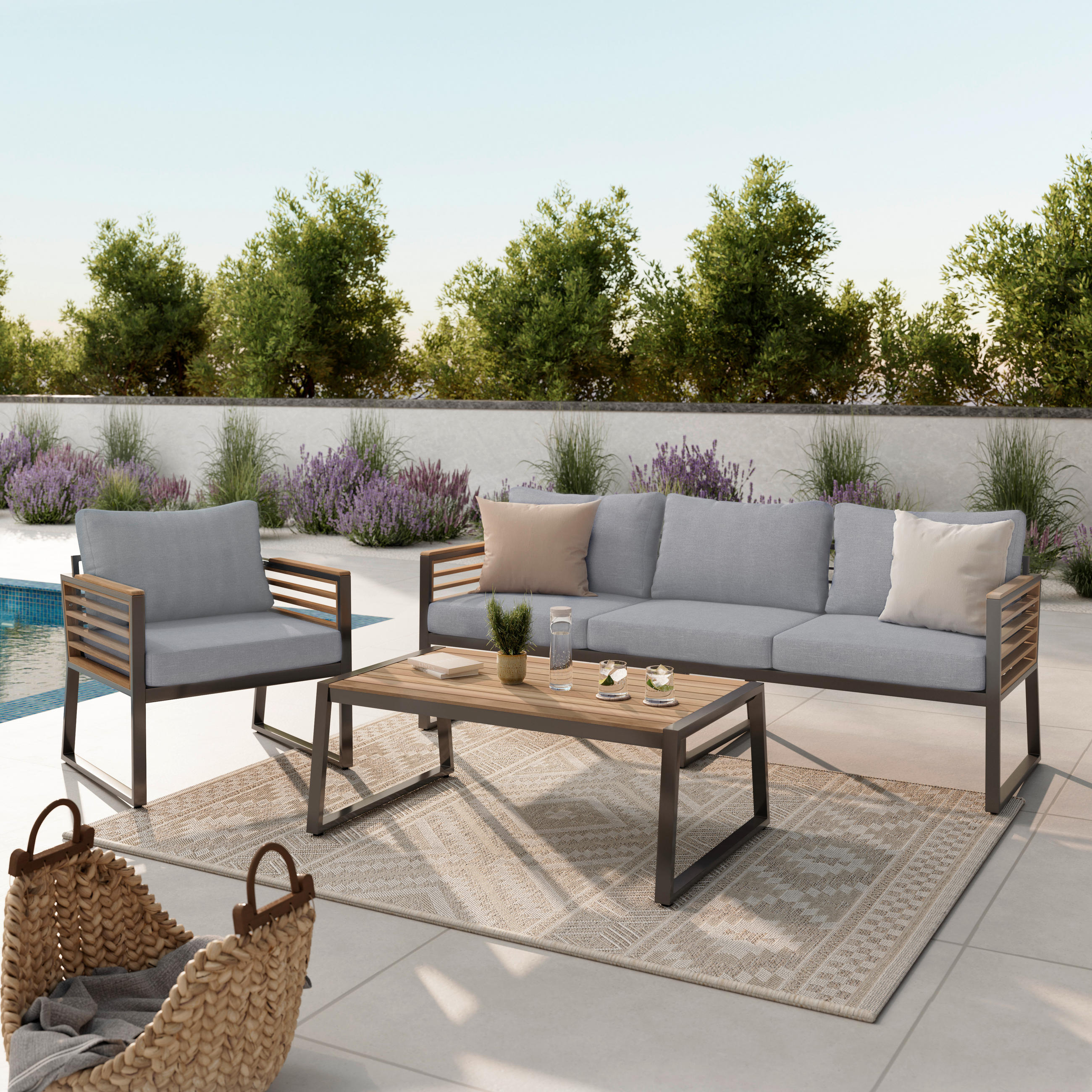 LOUNGEGARNITUR Teakholz Aluminium  - Schwarz, MODERN, Holz/Metall (203/74,5/85cm) - Ambia Garden