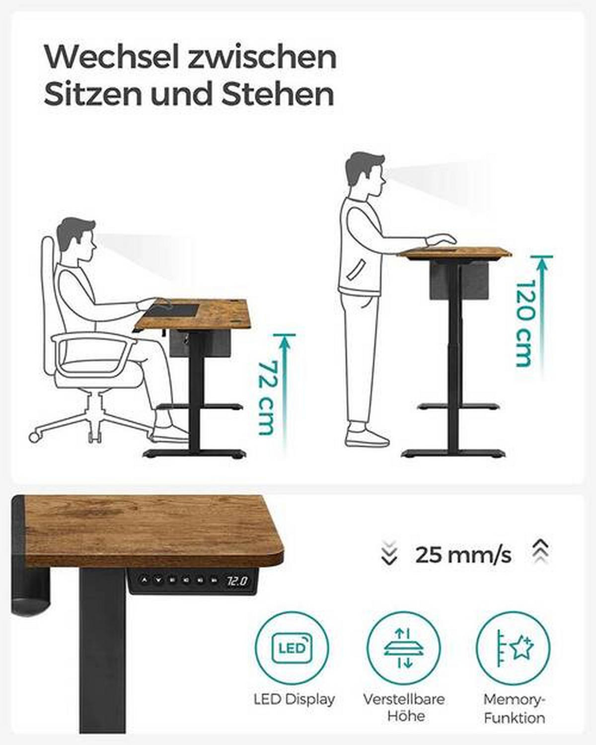 COMPUTERTISCH höhenverstellbar, Kabeldurchlass, Stauraum  - Schwarz/Braun, Basics, Holzwerkstoff/Metall (140/60/72-120cm) - Boxxx