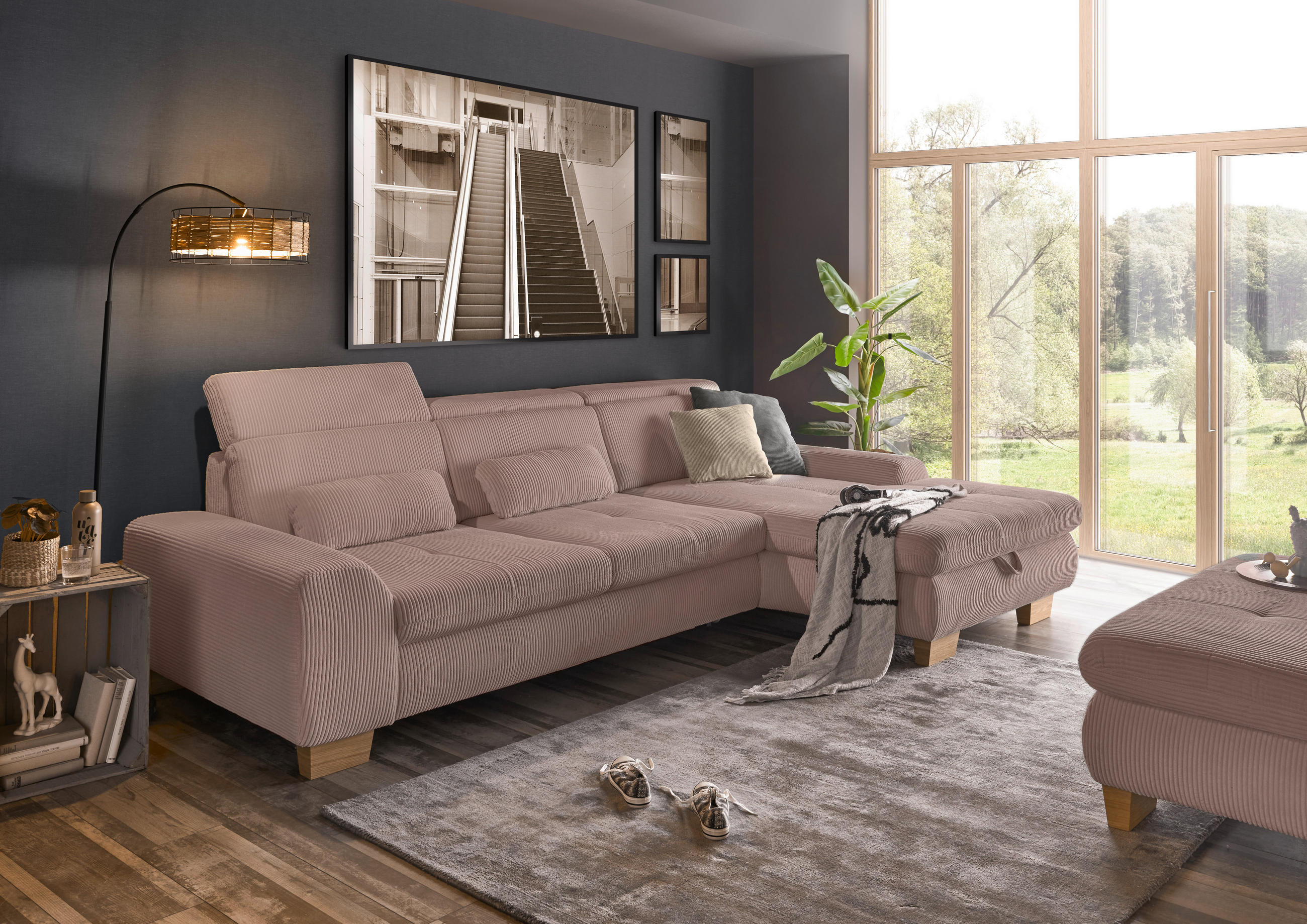 ECKSOFA Rosa Kord - Eiche Bianco/Rosa, KONVENTIONELL, Holz/Textil (315/195cm) - SetOne by Musterring
