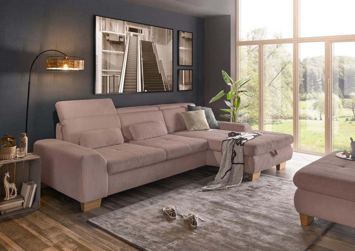 ECKSOFA Rosa Cord  - Eiche Bianco/Rosa, KONVENTIONELL, Holz/Textil (307/195cm) - SetOne by Musterring