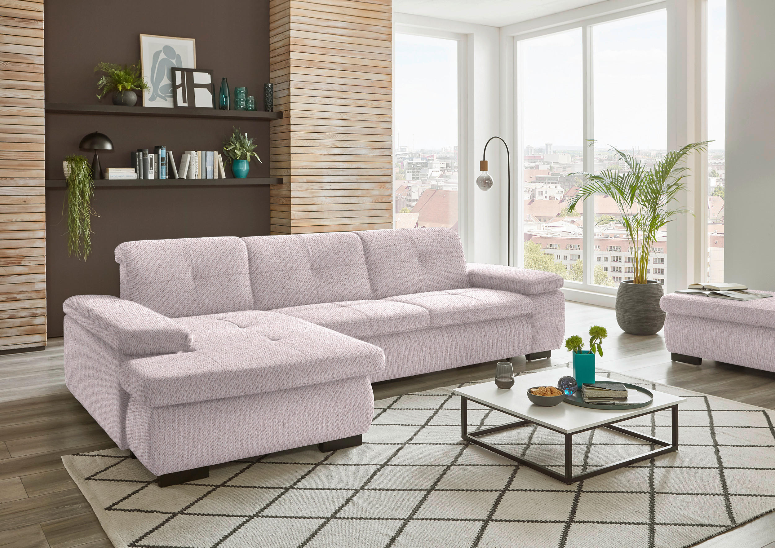 ECKSOFA in Flachgewebe Hellrosa  - Hellrosa/Schwarz, Design, Textil/Metall (174/297cm) - Beldomo Style